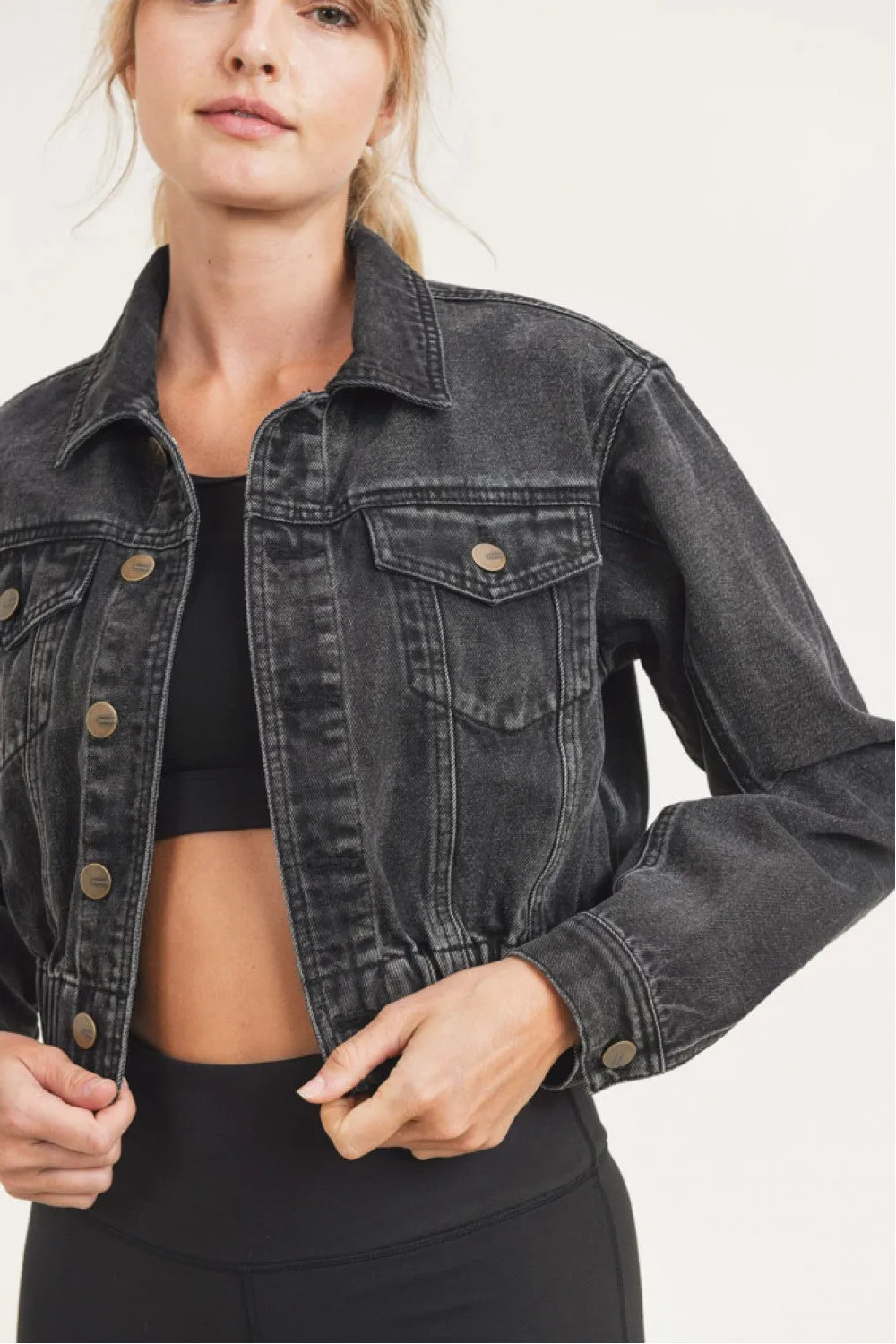 Mono B Cropped Denim Jacket with Tapered Sleeves and Shirred Hem