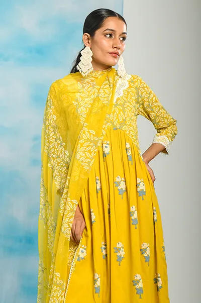 Nargis Mustard Yellow Floral Printed Gathered Yoke Kurta with Palazzo and Dupatta - Set of 3