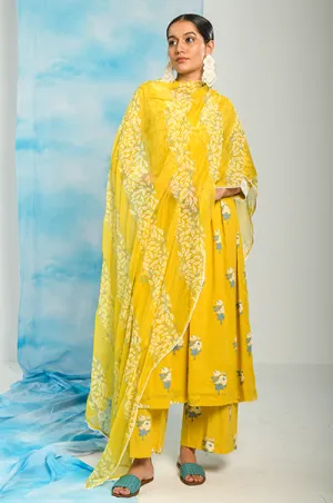 Nargis Mustard Yellow Floral Printed Gathered Yoke Kurta with Palazzo and Dupatta - Set of 3