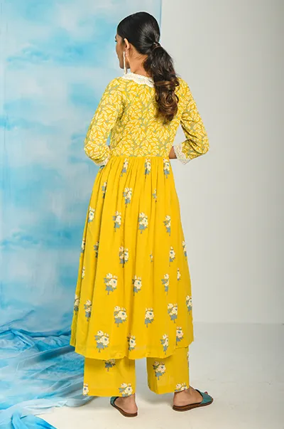 Nargis Mustard Yellow Floral Printed Gathered Yoke Kurta with Palazzo and Dupatta - Set of 3