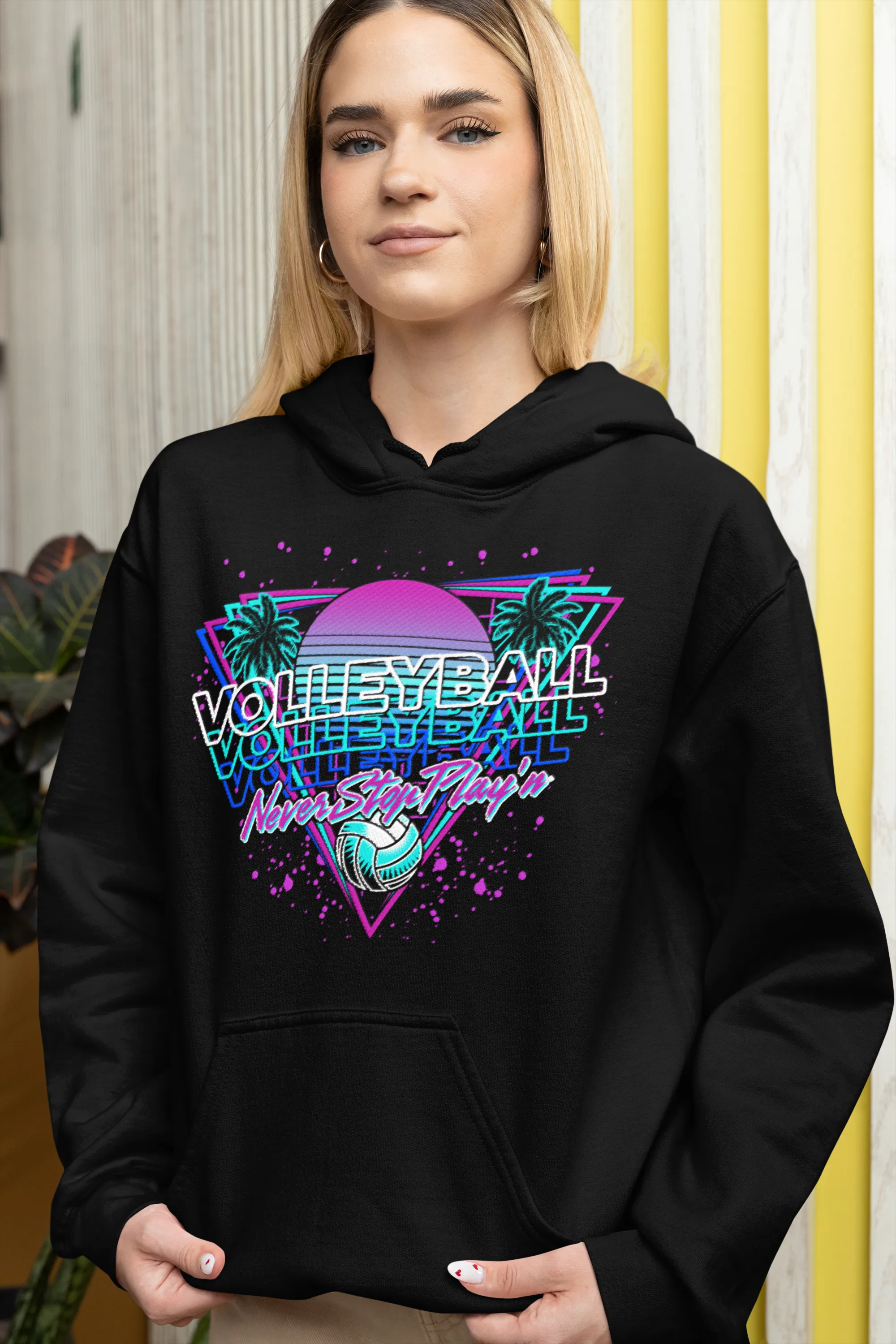 NEVER STOP Retro Volleyball Hooded Sweatshirt