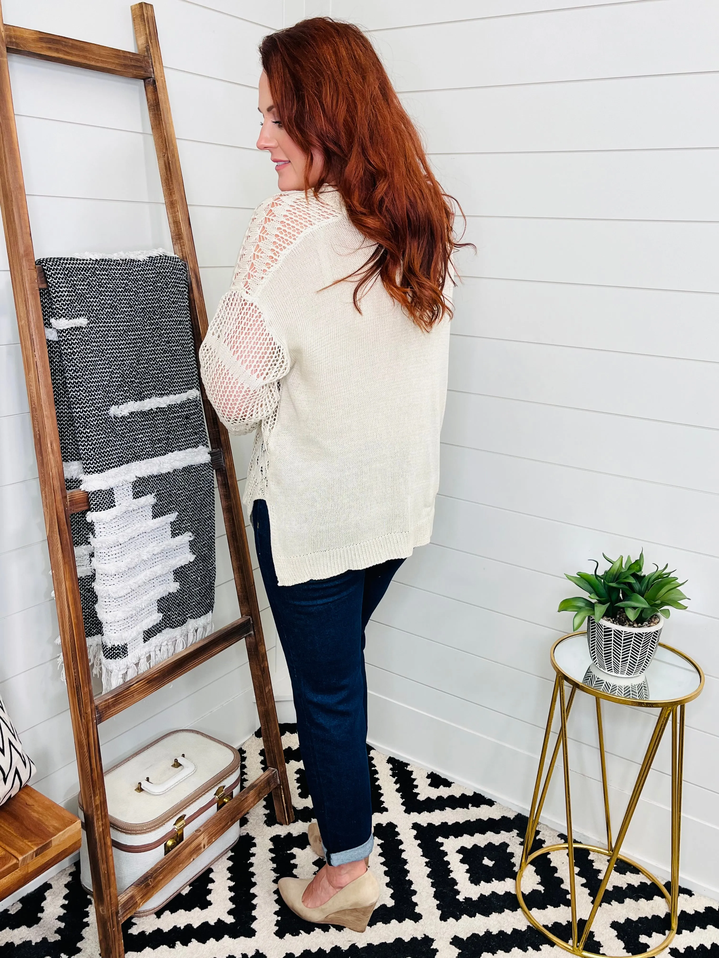 Notched Cream Knit Boho Top