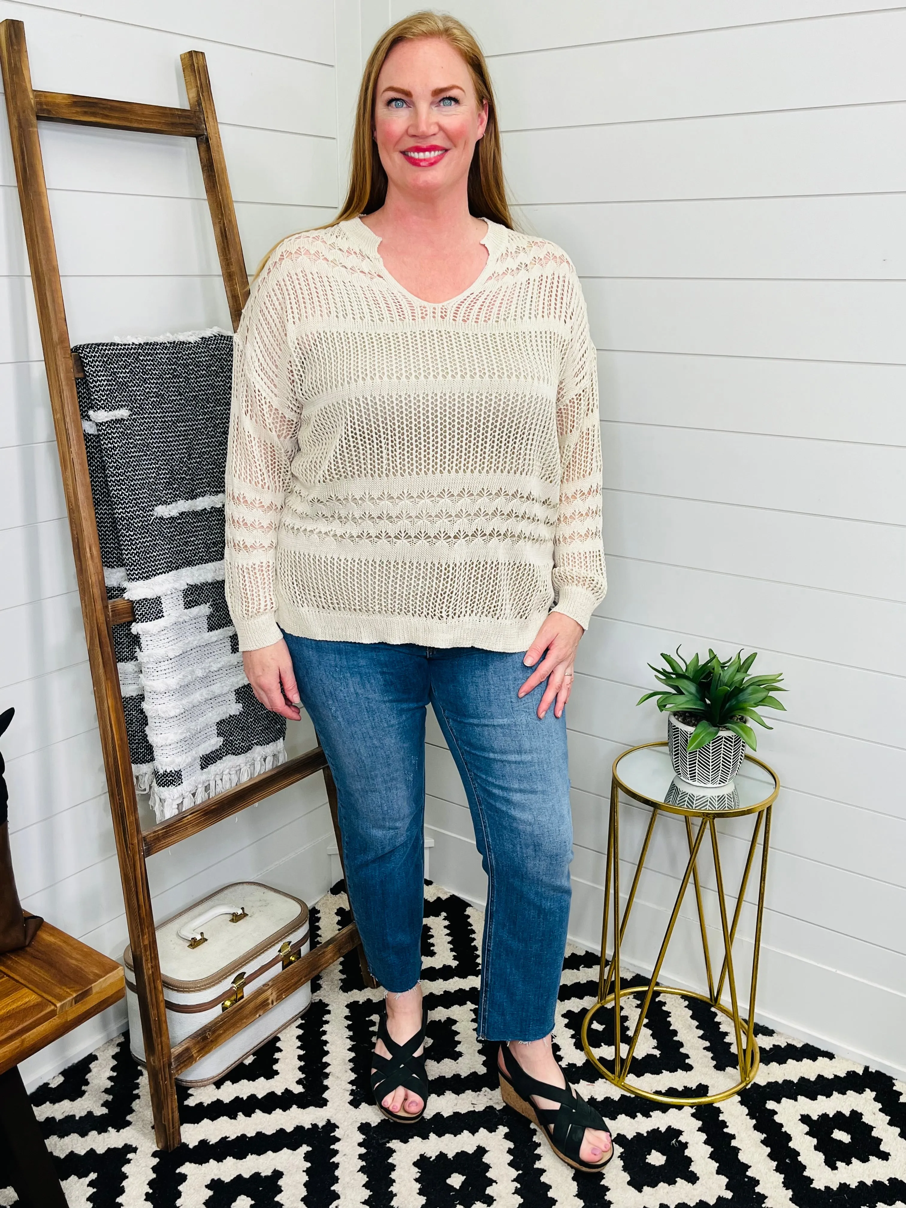 Notched Cream Knit Boho Top