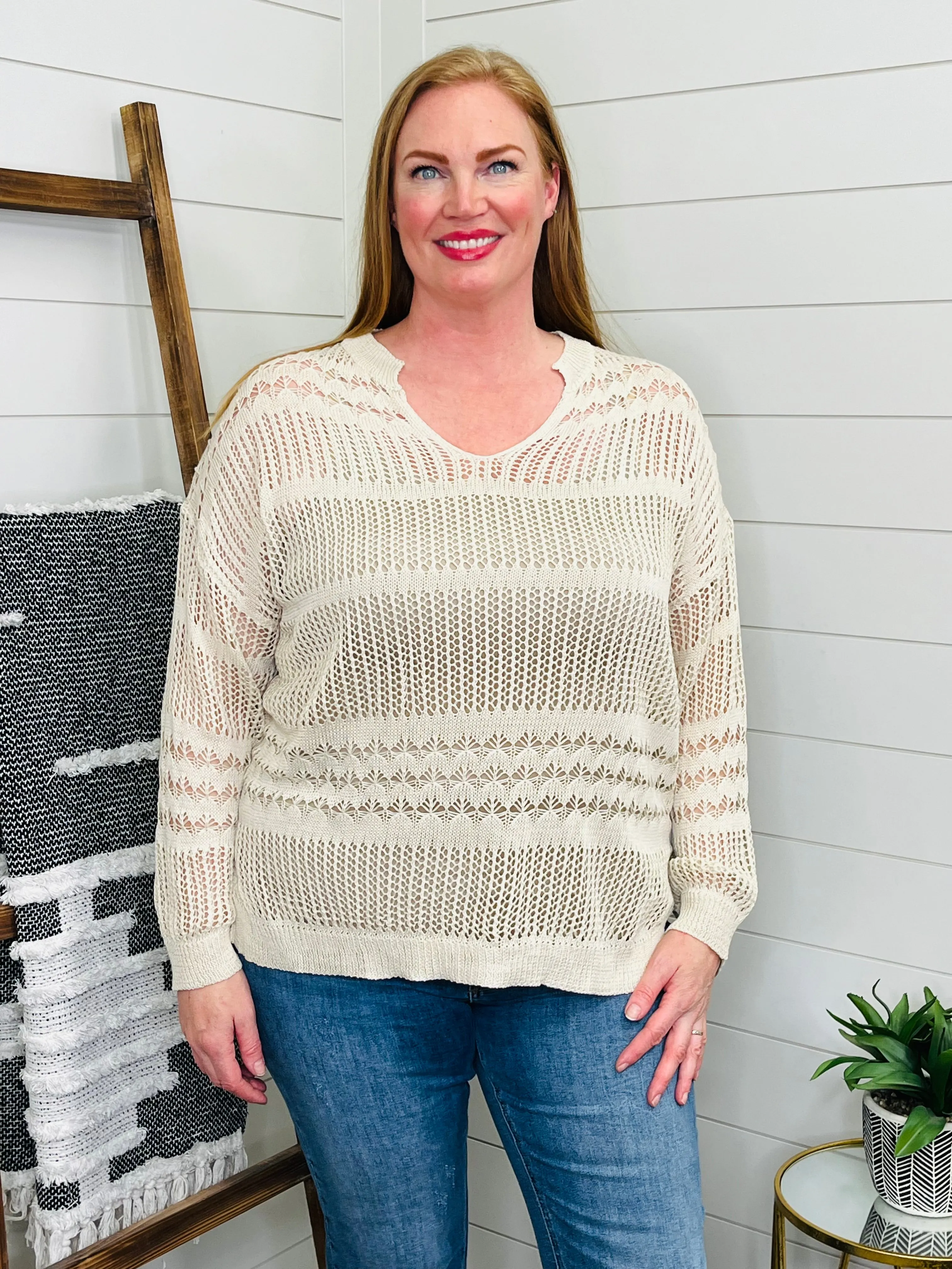 Notched Cream Knit Boho Top