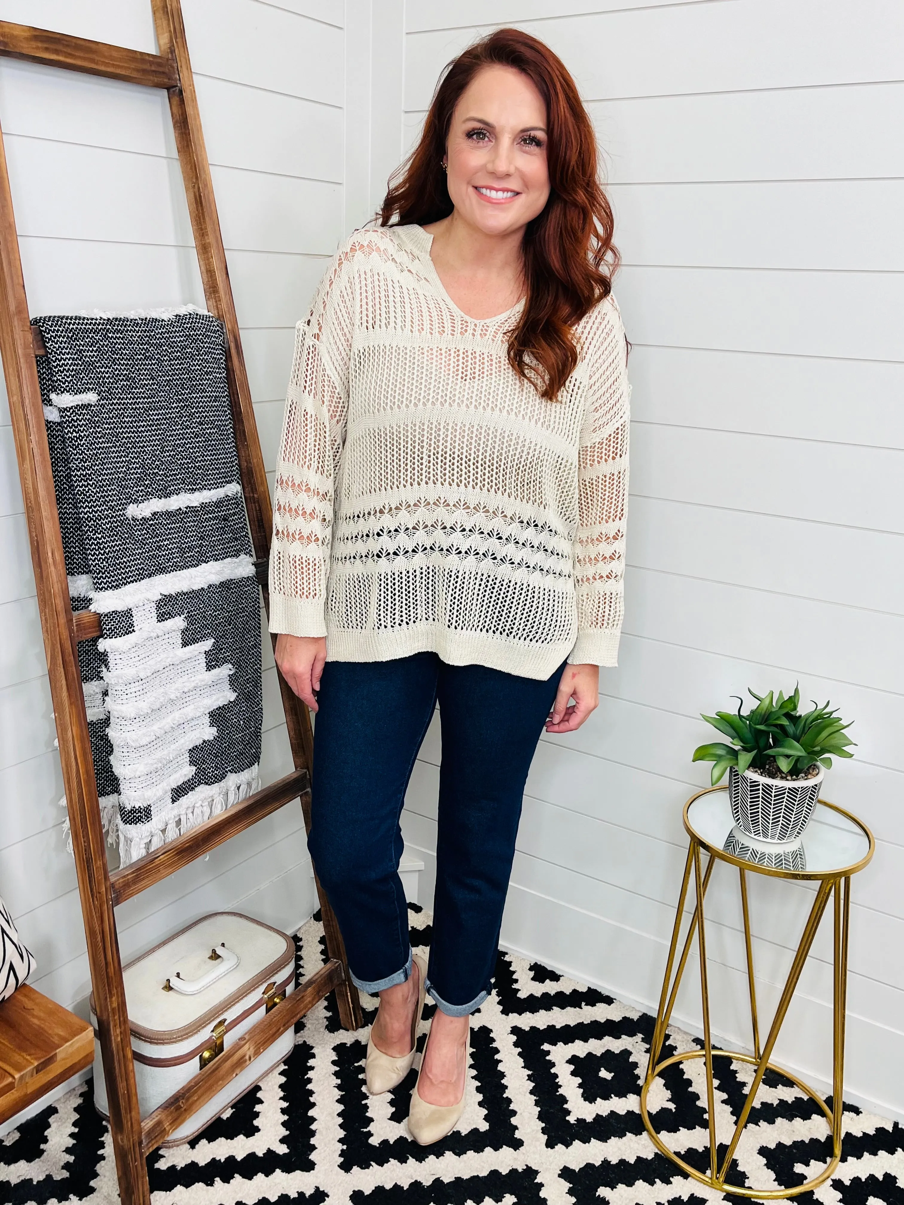 Notched Cream Knit Boho Top