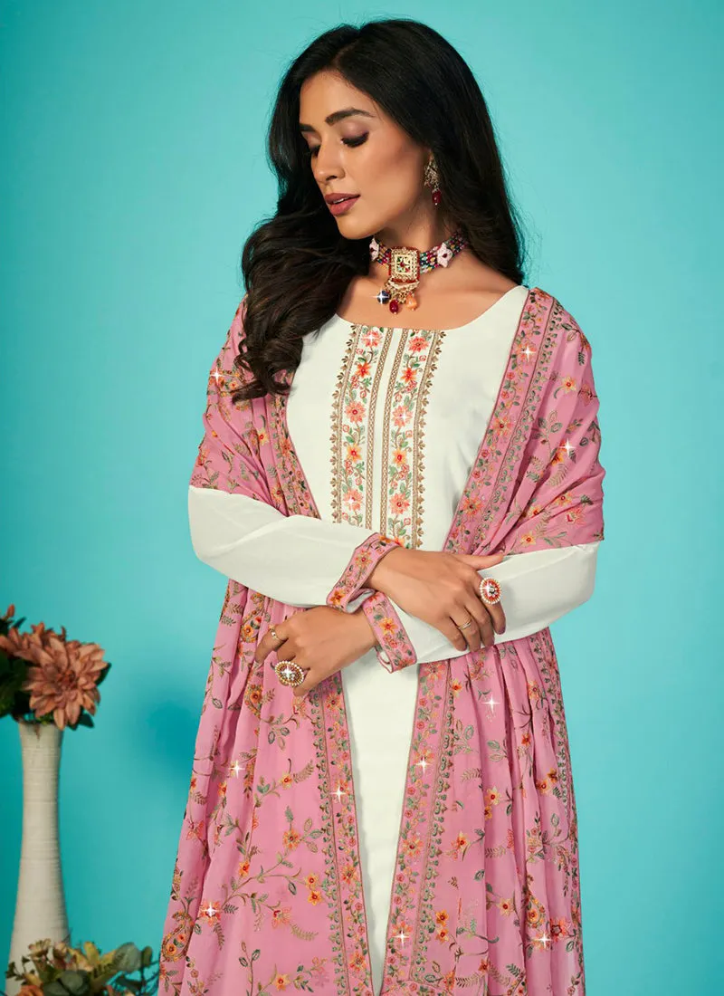 Off White And Pink Multi Embroidery Traditional Palazzo Suit