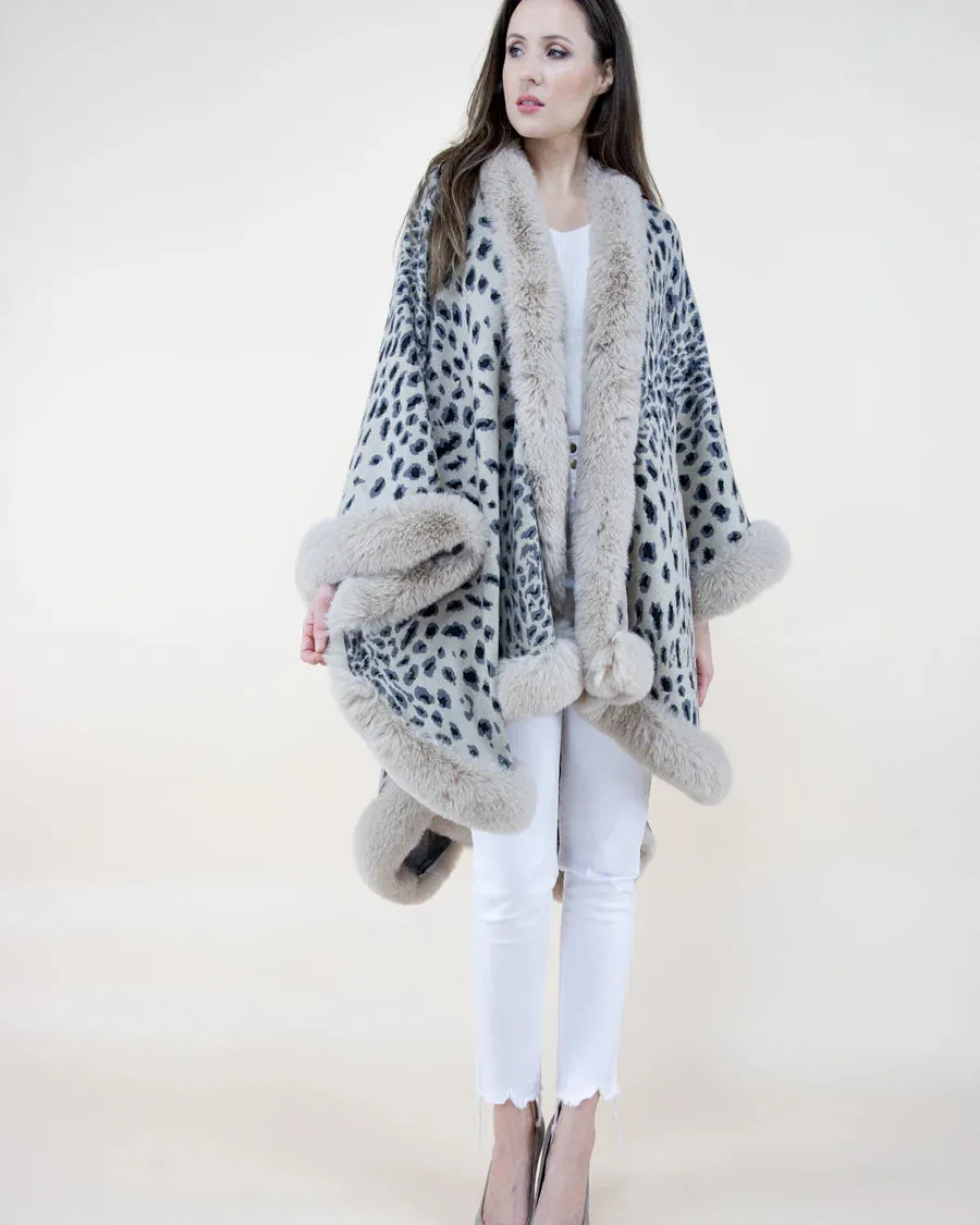 Original USA Cheetah Ruana with Faux Fur Trim Cape