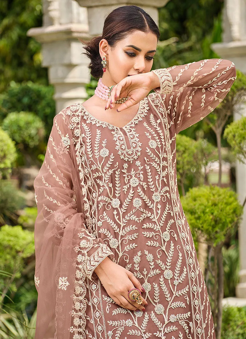 Pale Brown Thread Embroidery Festive Palazzo Suit