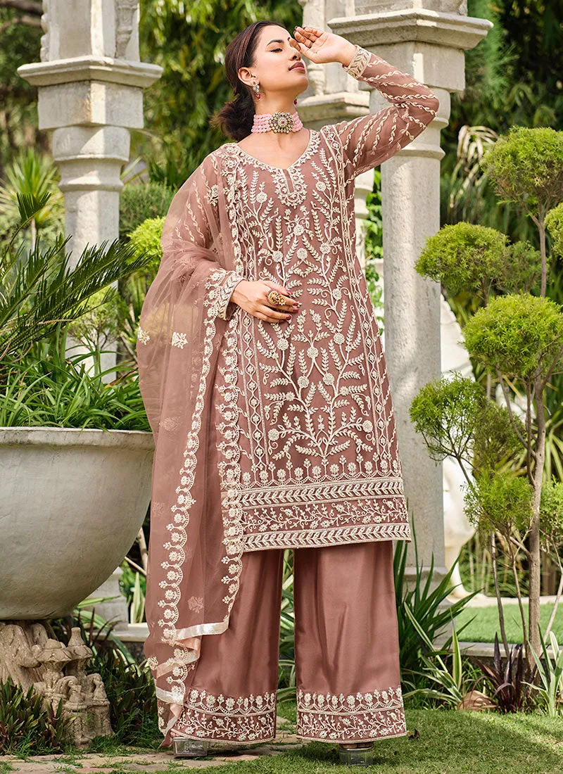 Pale Brown Thread Embroidery Festive Palazzo Suit