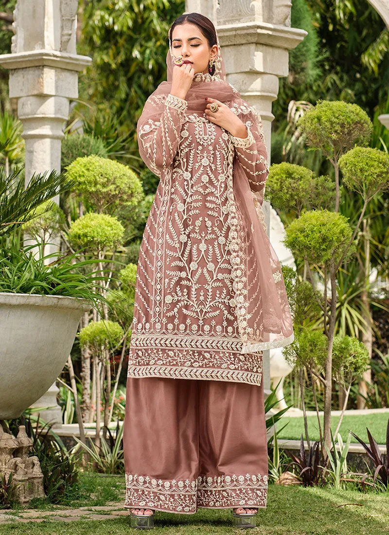 Pale Brown Thread Embroidery Festive Palazzo Suit