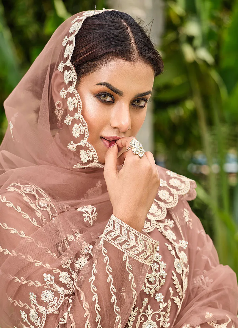 Pale Brown Thread Embroidery Festive Palazzo Suit