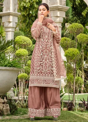 Pale Brown Thread Embroidery Festive Palazzo Suit