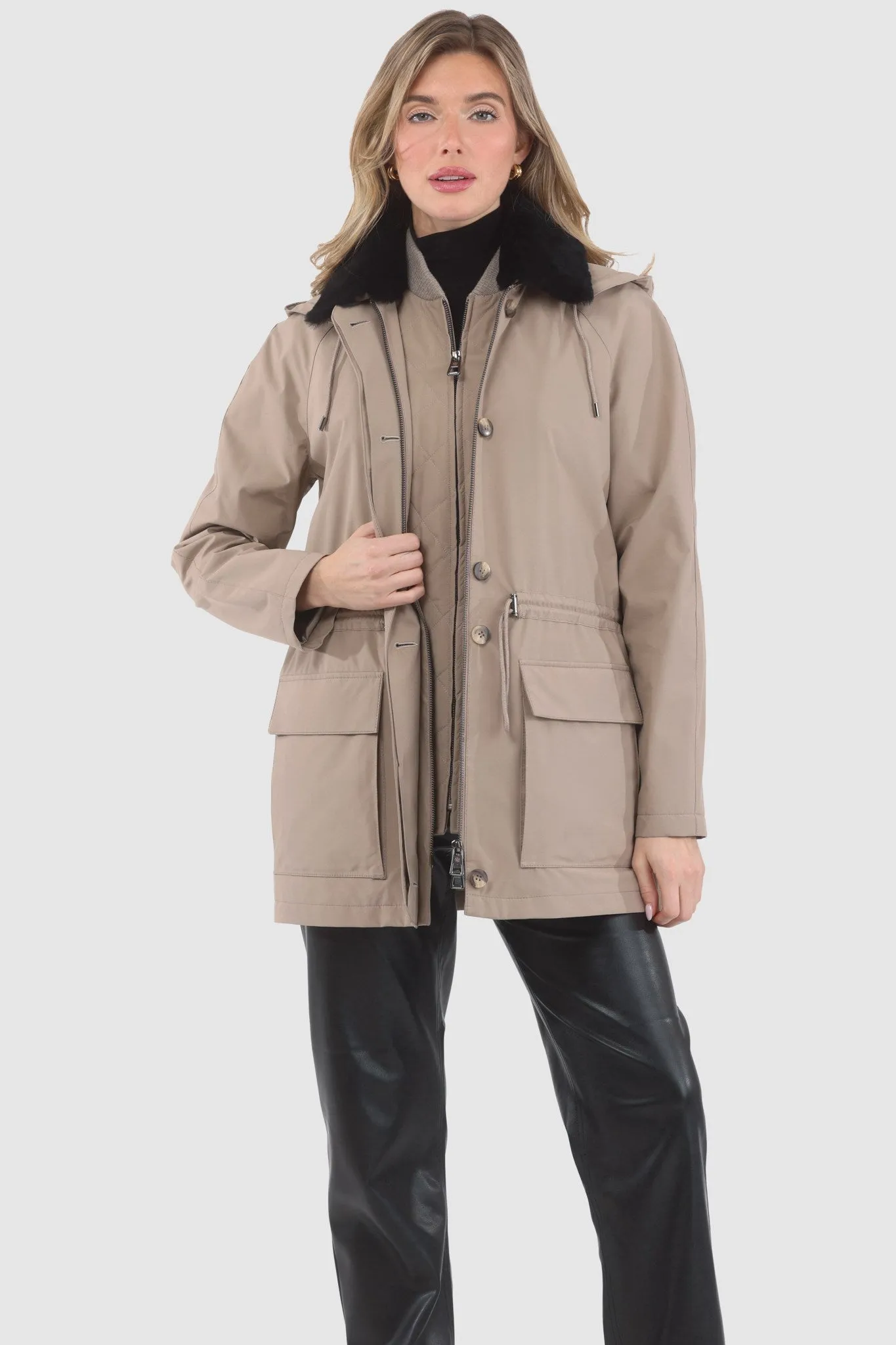 Parka with Detachable Hood and Select Shearling Lamb Collar, Removable Vest (2 Pcs)