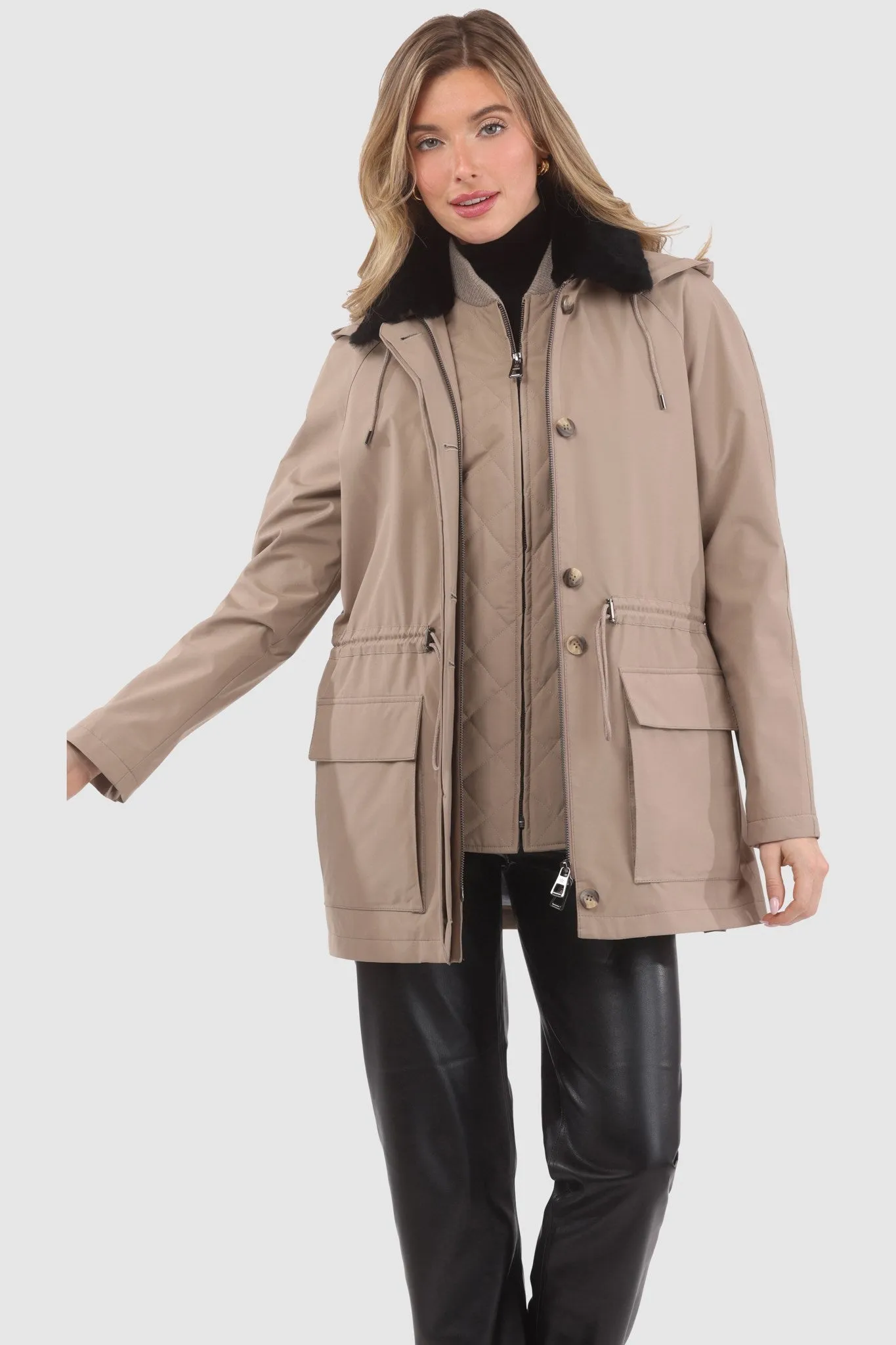 Parka with Detachable Hood and Select Shearling Lamb Collar, Removable Vest (2 Pcs)