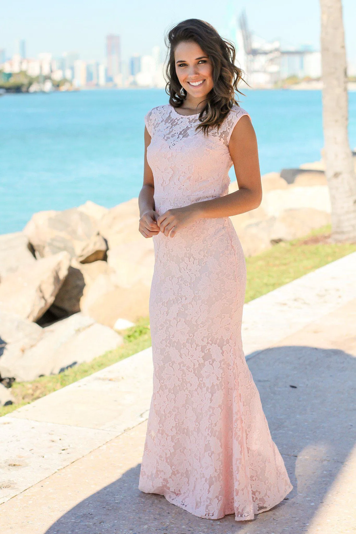 Pink Floral Lace Maxi Dress with Open Back