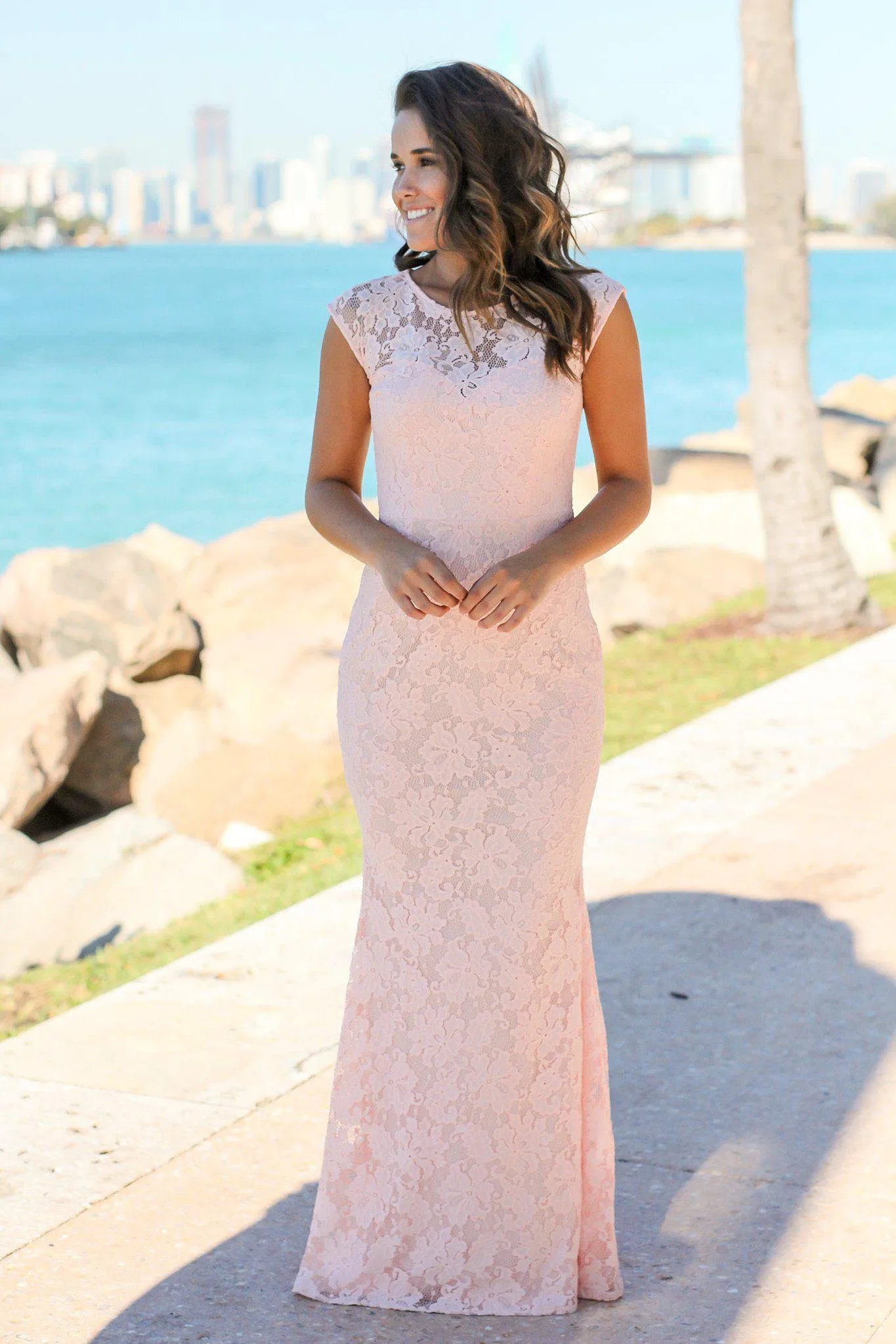 Pink Floral Lace Maxi Dress with Open Back