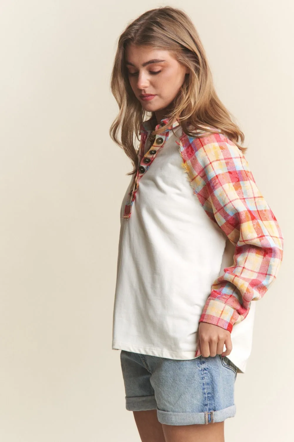 Plaid Contrast Button Down Henley Top