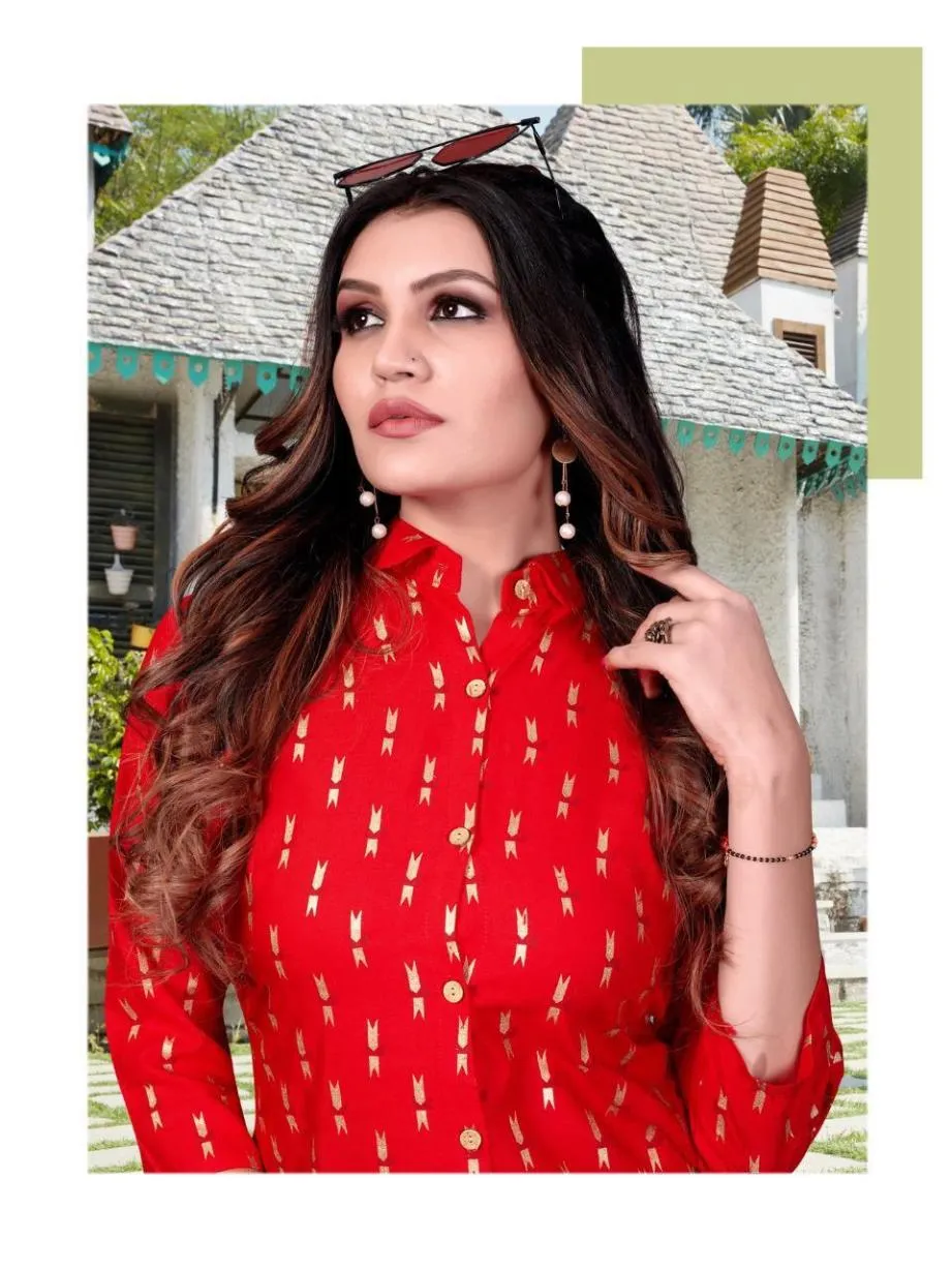 Printed Rayon Red Kurtis with Palazzo Set