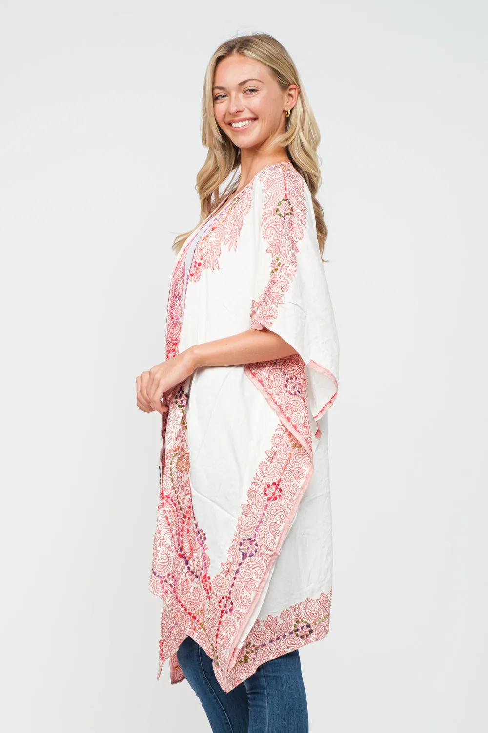 RAJ ALLISON WHITE PINK EMBROIDERED KIMONO