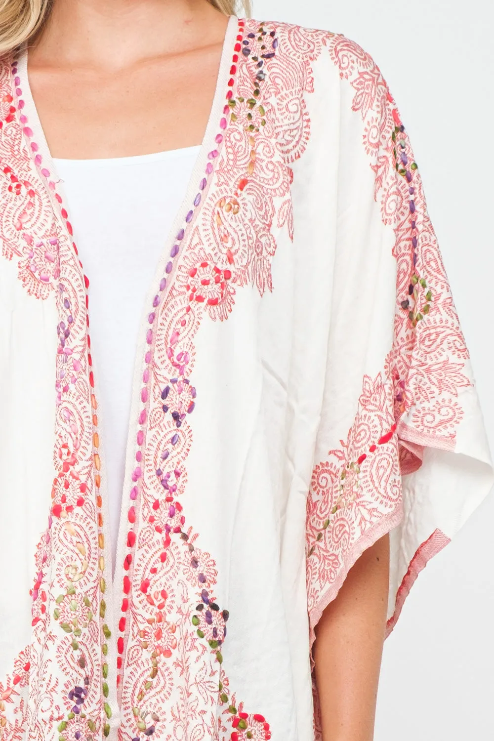 RAJ ALLISON WHITE PINK EMBROIDERED KIMONO