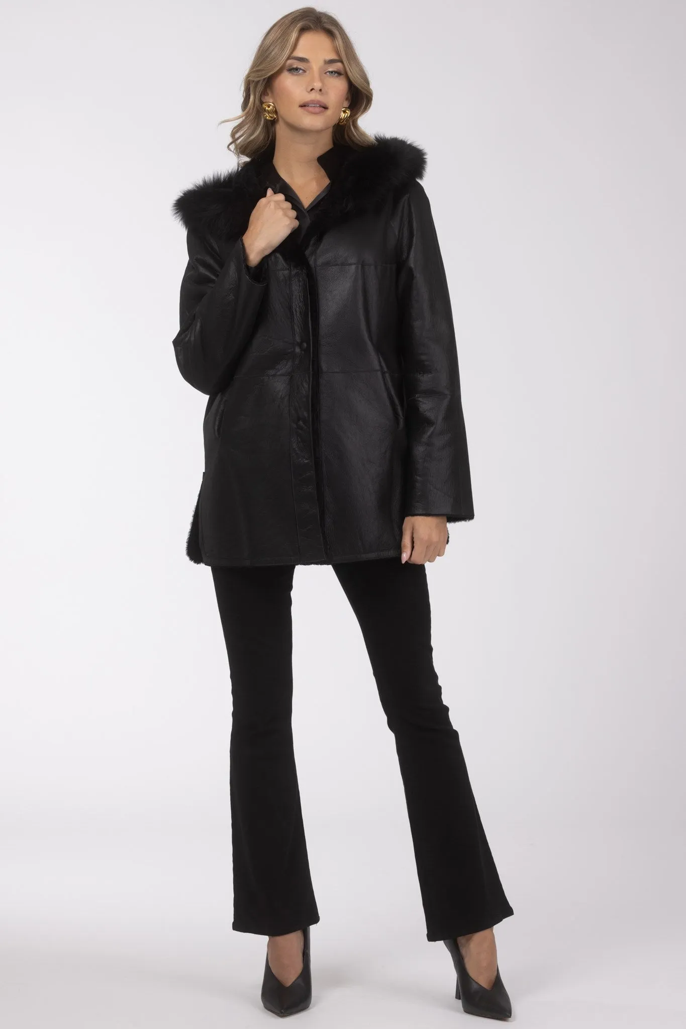 Reversible Textured Shearling Lamb Parka with Merinillo Shearling Lamb Hood Trim