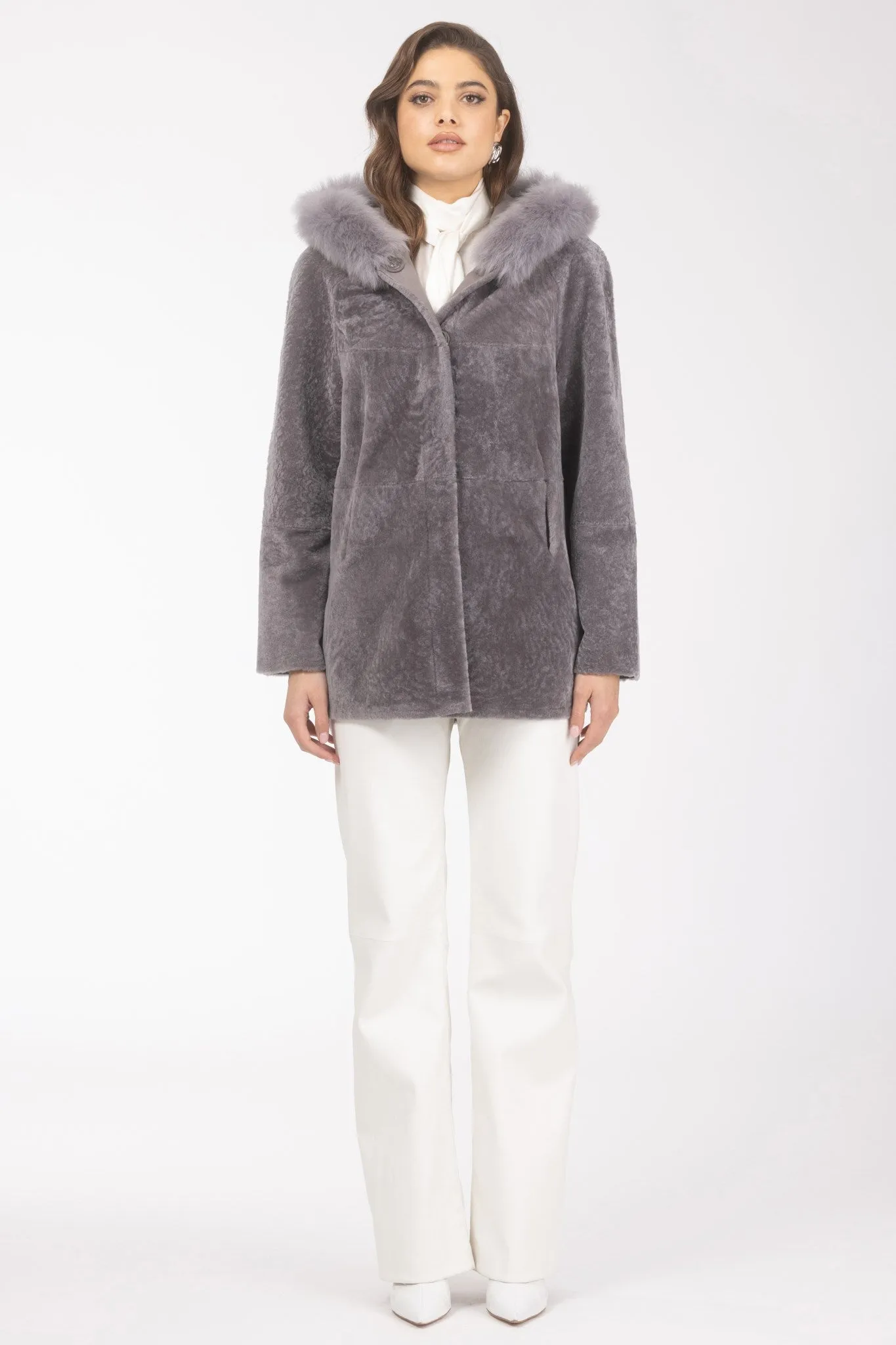 Reversible Textured Shearling Lamb Parka with Merinillo Shearling Lamb Hood Trim