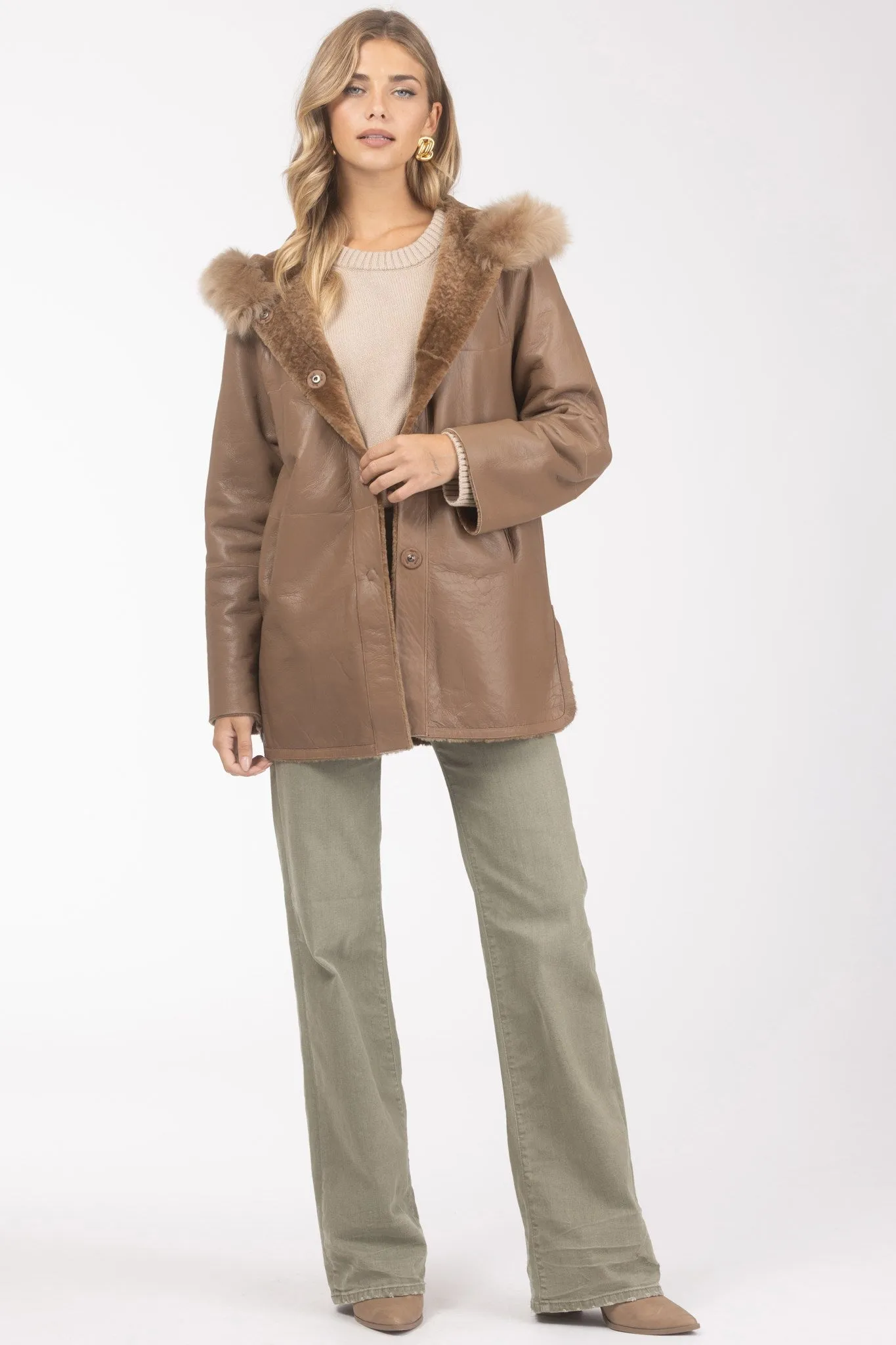 Reversible Textured Shearling Lamb Parka with Merinillo Shearling Lamb Hood Trim