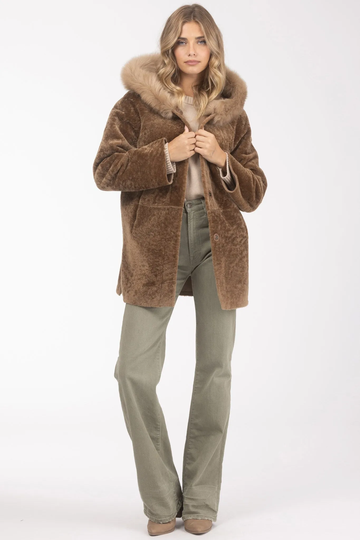 Reversible Textured Shearling Lamb Parka with Merinillo Shearling Lamb Hood Trim