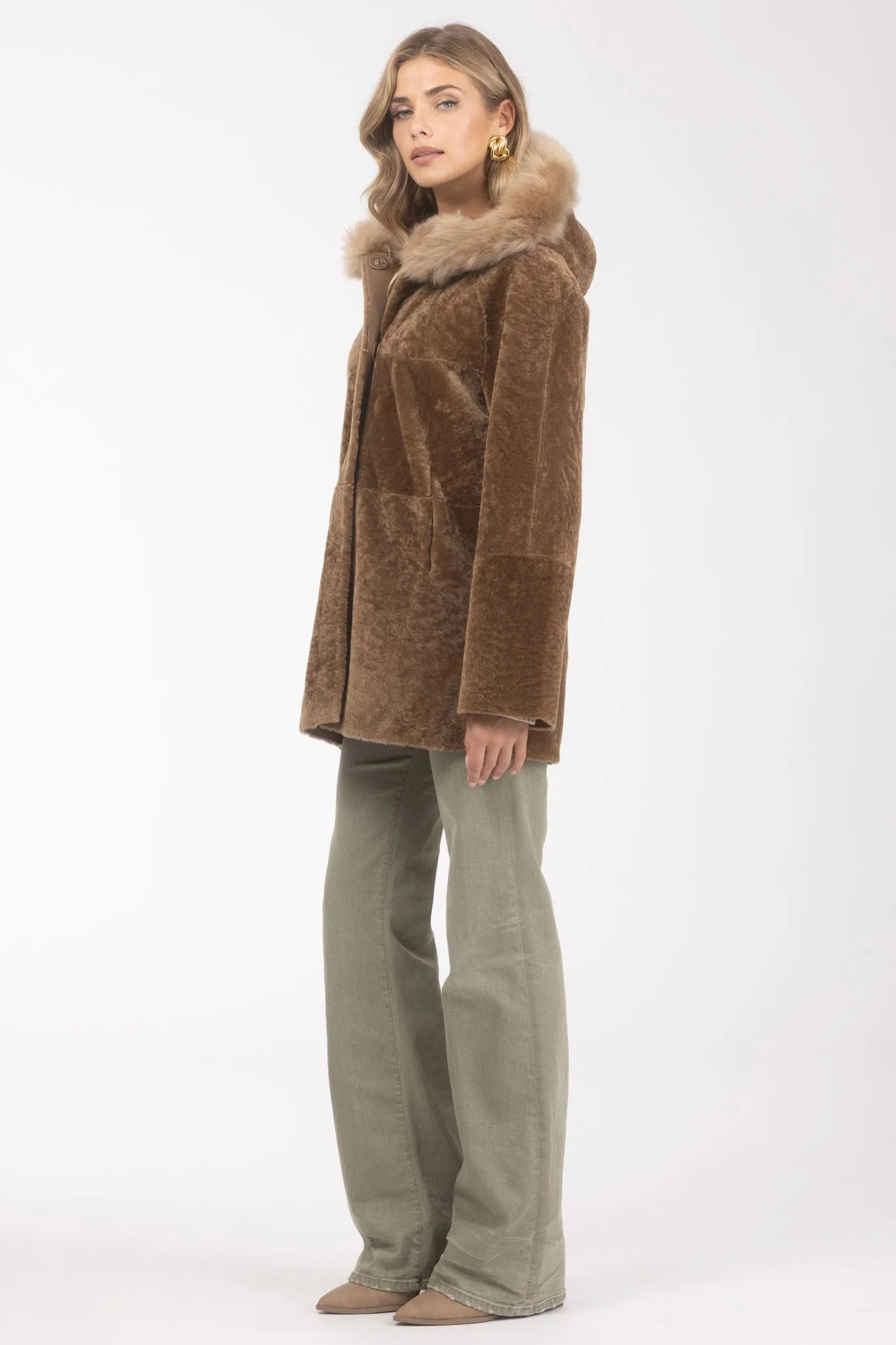 Reversible Textured Shearling Lamb Parka with Merinillo Shearling Lamb Hood Trim