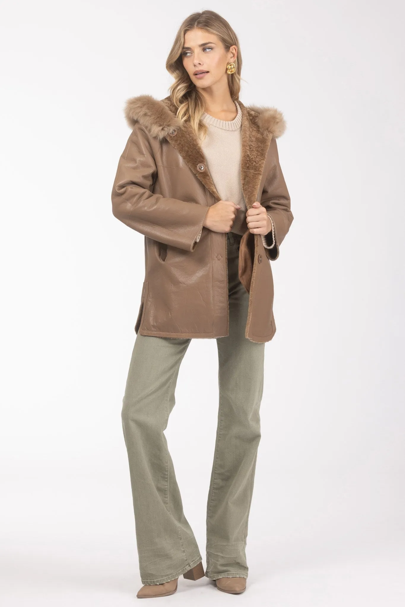 Reversible Textured Shearling Lamb Parka with Merinillo Shearling Lamb Hood Trim