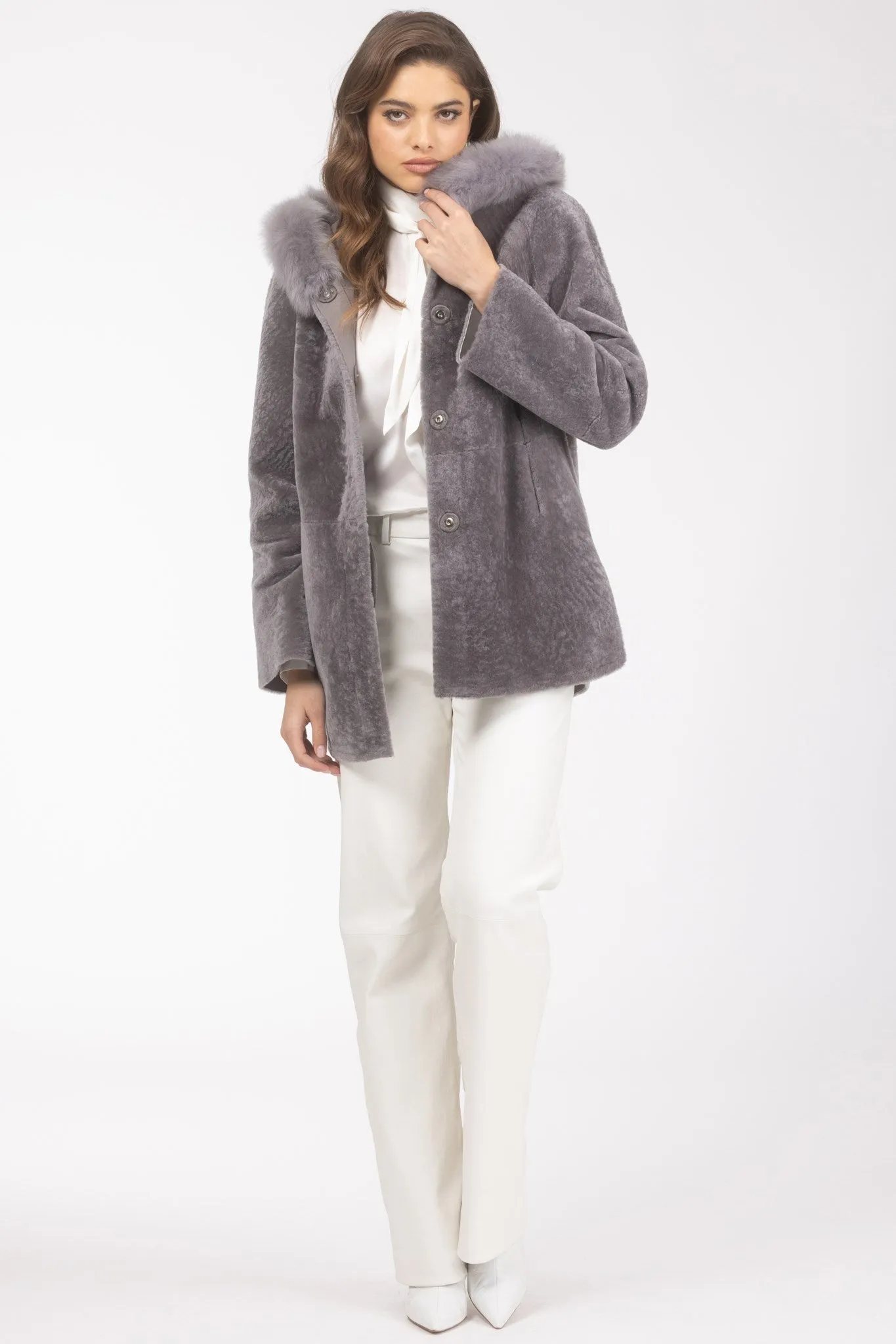 Reversible Textured Shearling Lamb Parka with Merinillo Shearling Lamb Hood Trim