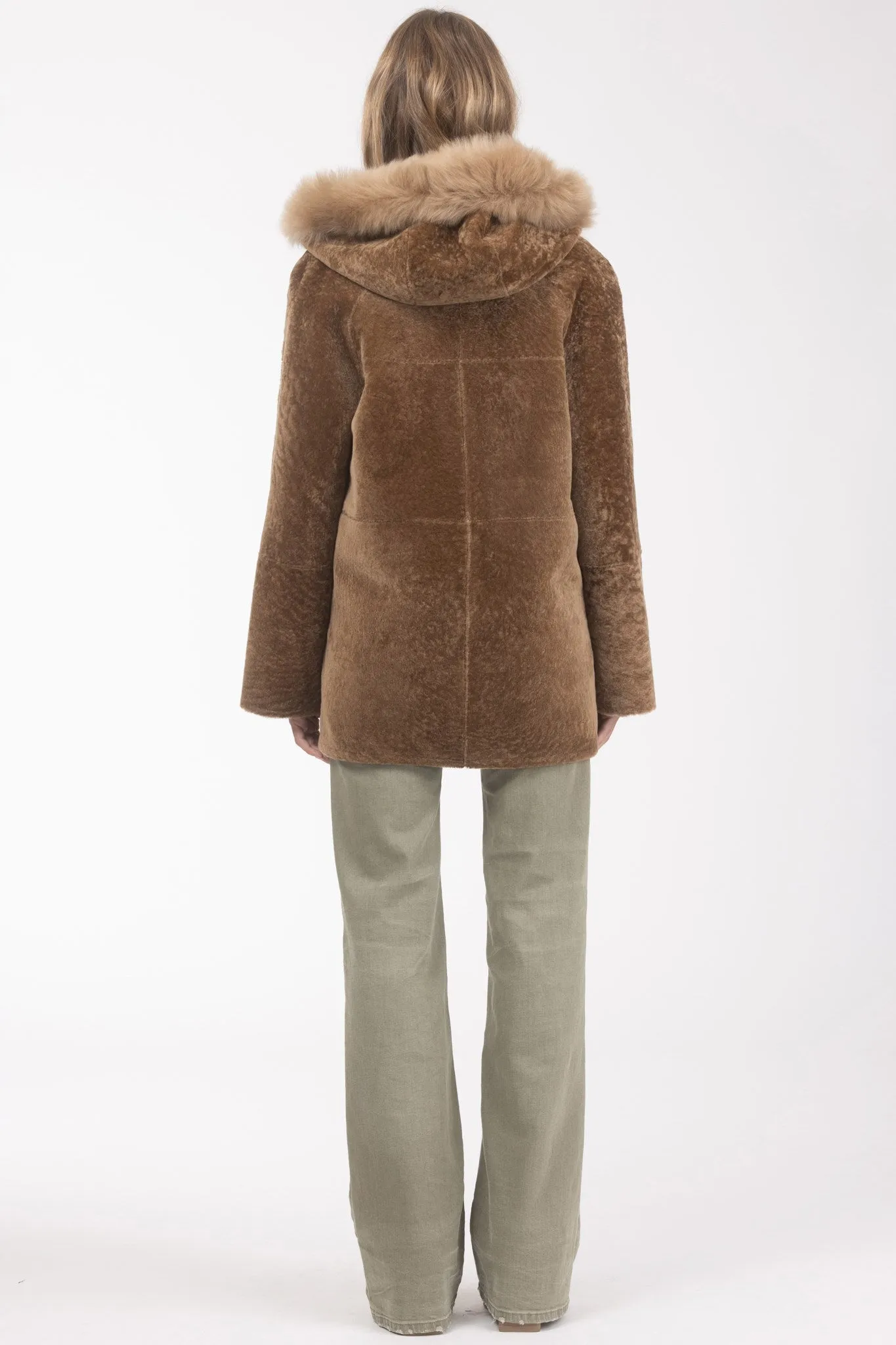 Reversible Textured Shearling Lamb Parka with Merinillo Shearling Lamb Hood Trim