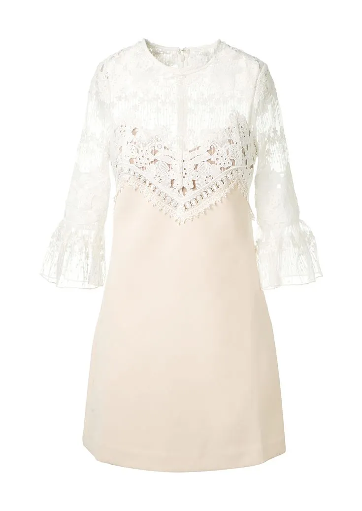 Self-Portrait Trumpet Sleeve Guipure Lace Crepe Shift Dress