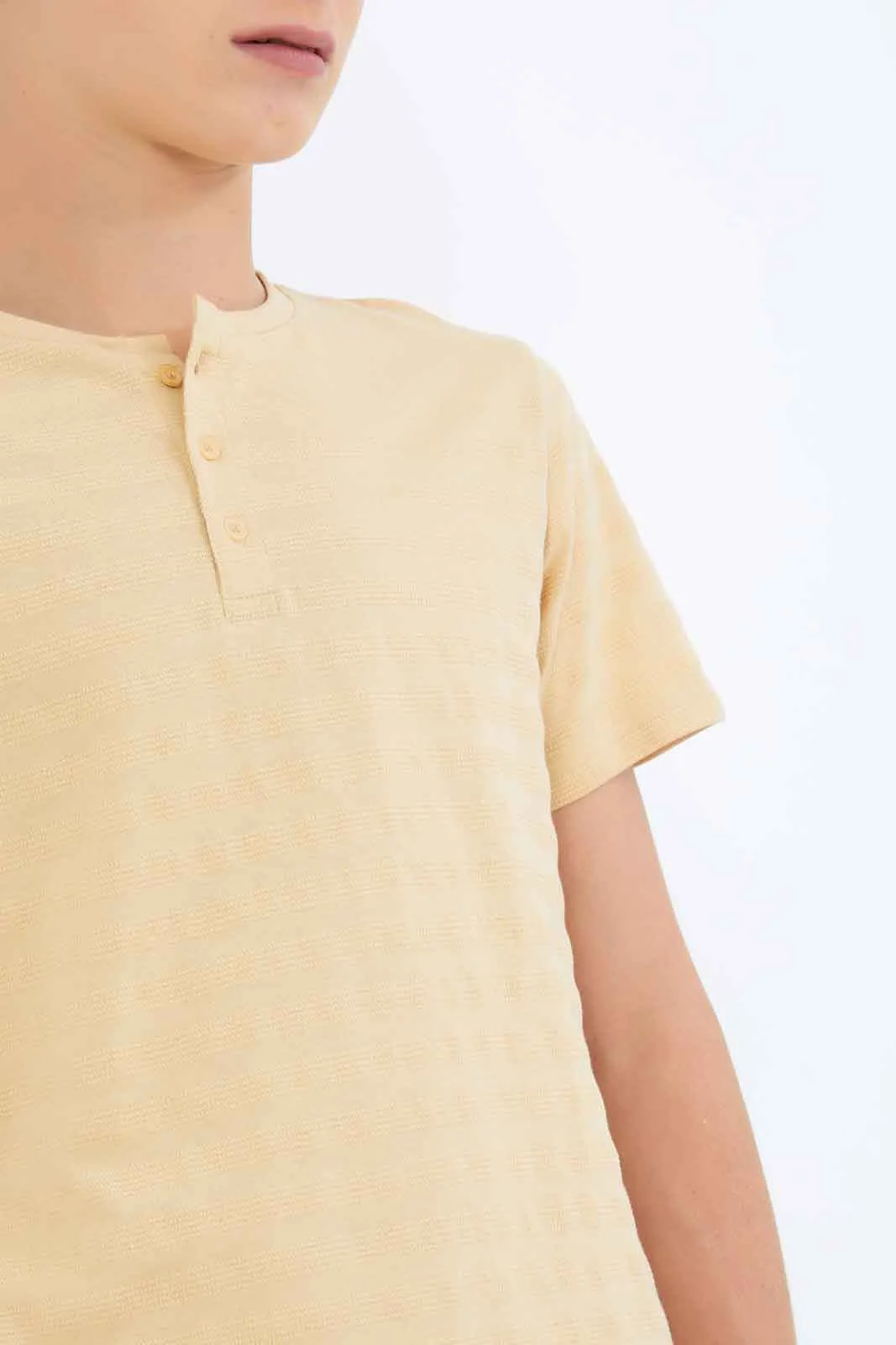 Senior Boys Beige Jacquard Henley T-Shirt