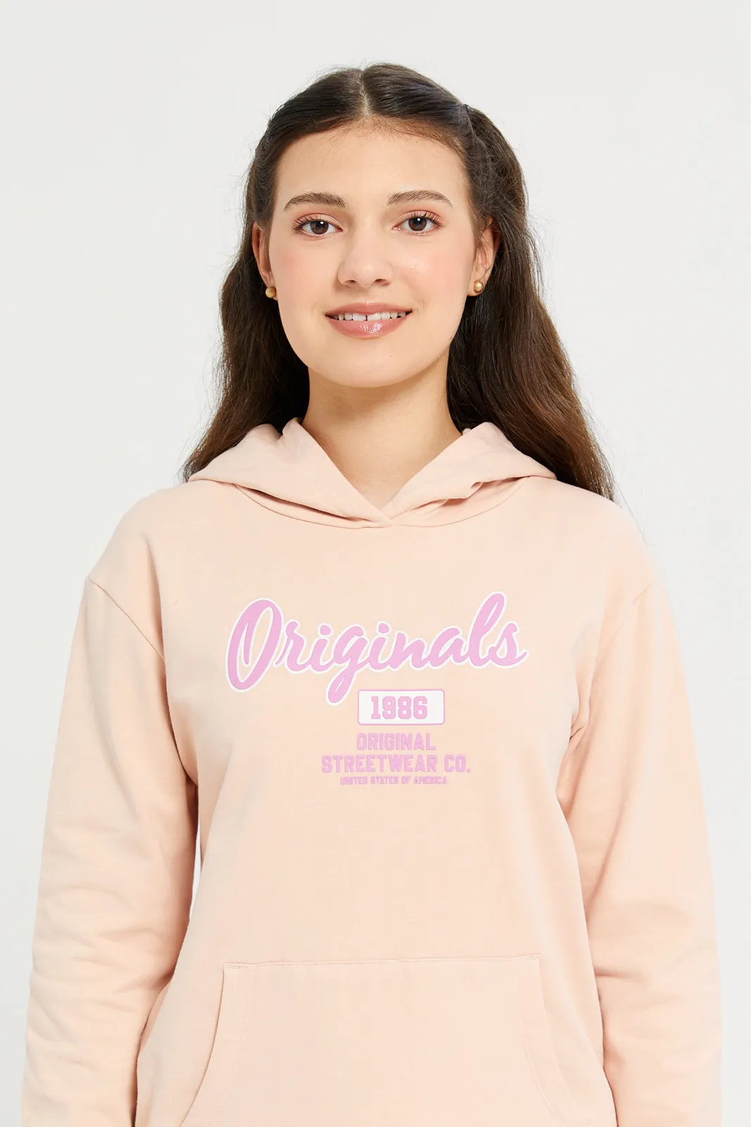 Senior Girls Beige Printed Hooded Sweatshirt