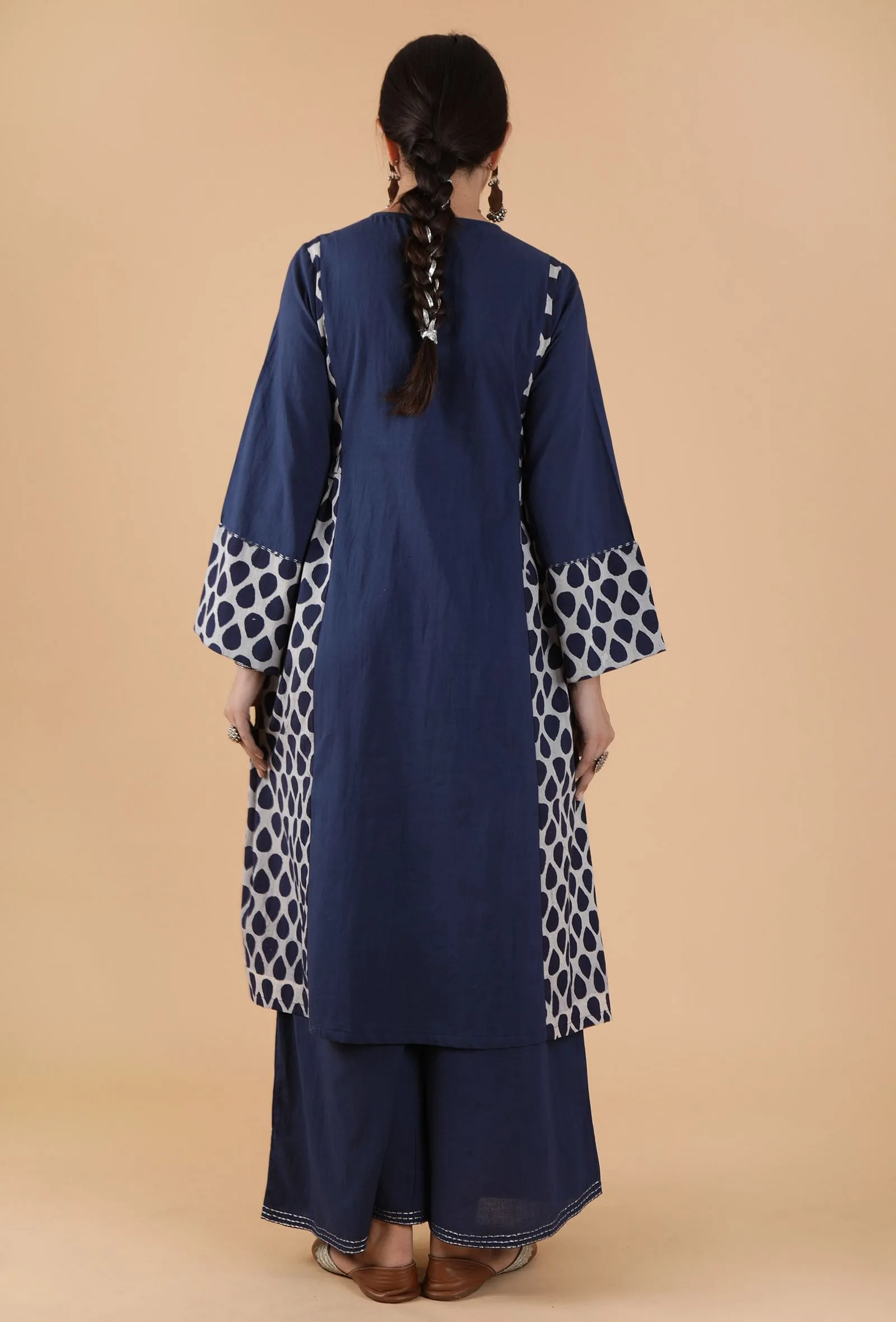 Set Of 2:Ramya Indigo Buta Printed Panelled Gathered Kurta & Palazzo Pants