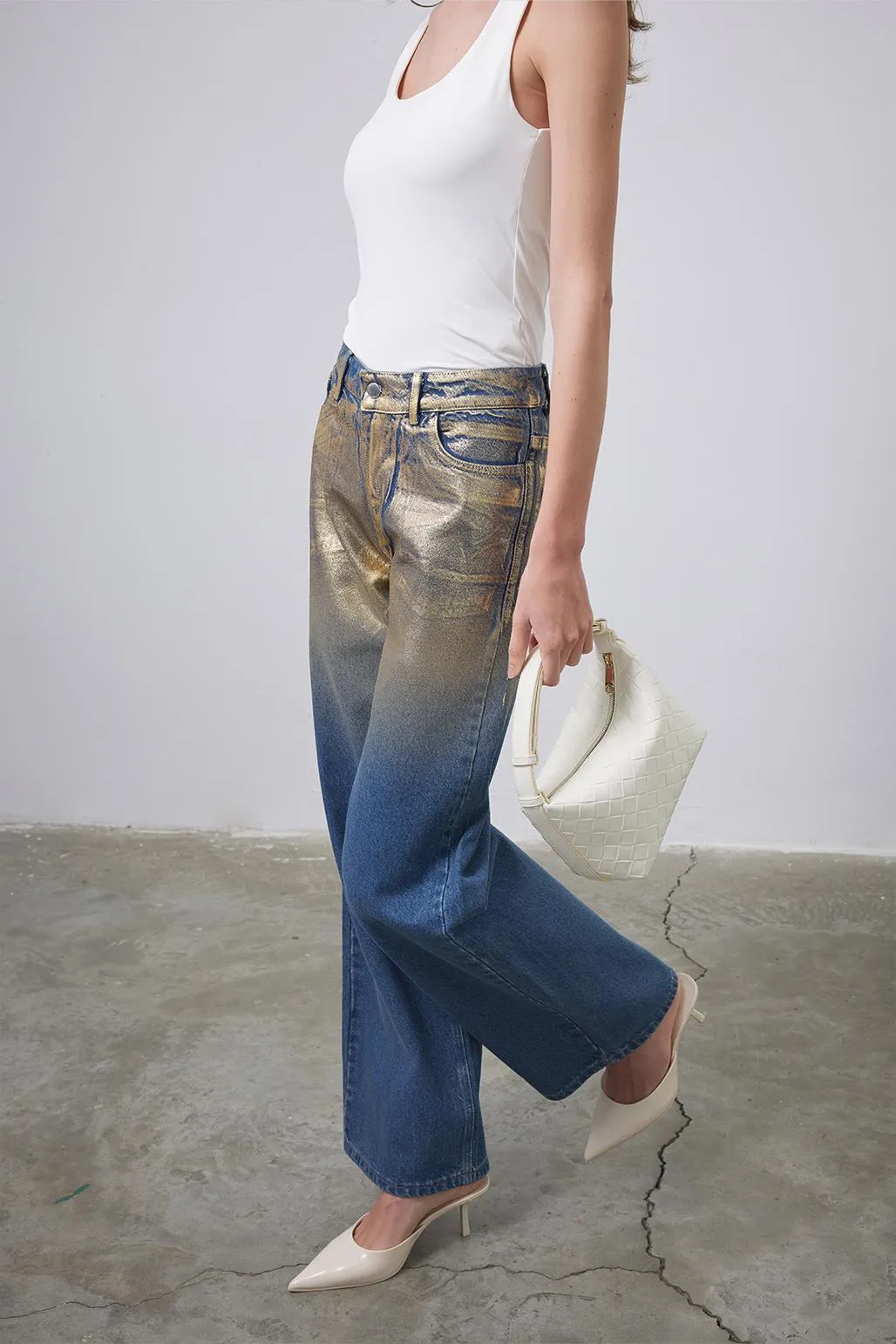 Shiny Print Patterned Palazzo Denim Trousers Gold