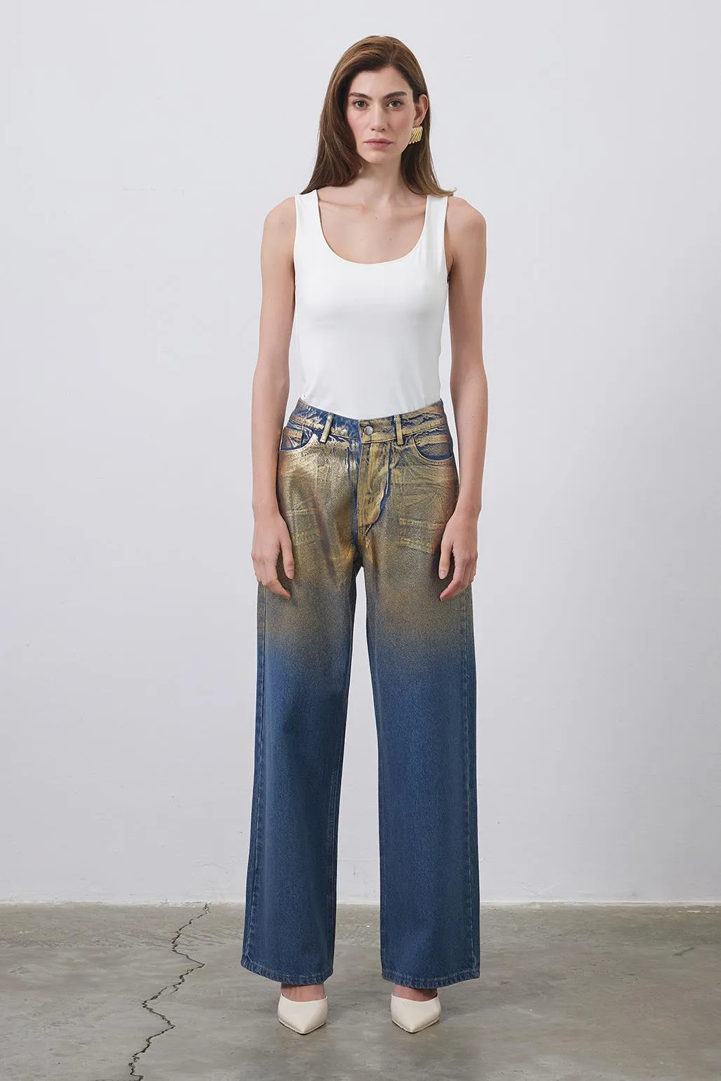 Shiny Print Patterned Palazzo Denim Trousers Gold