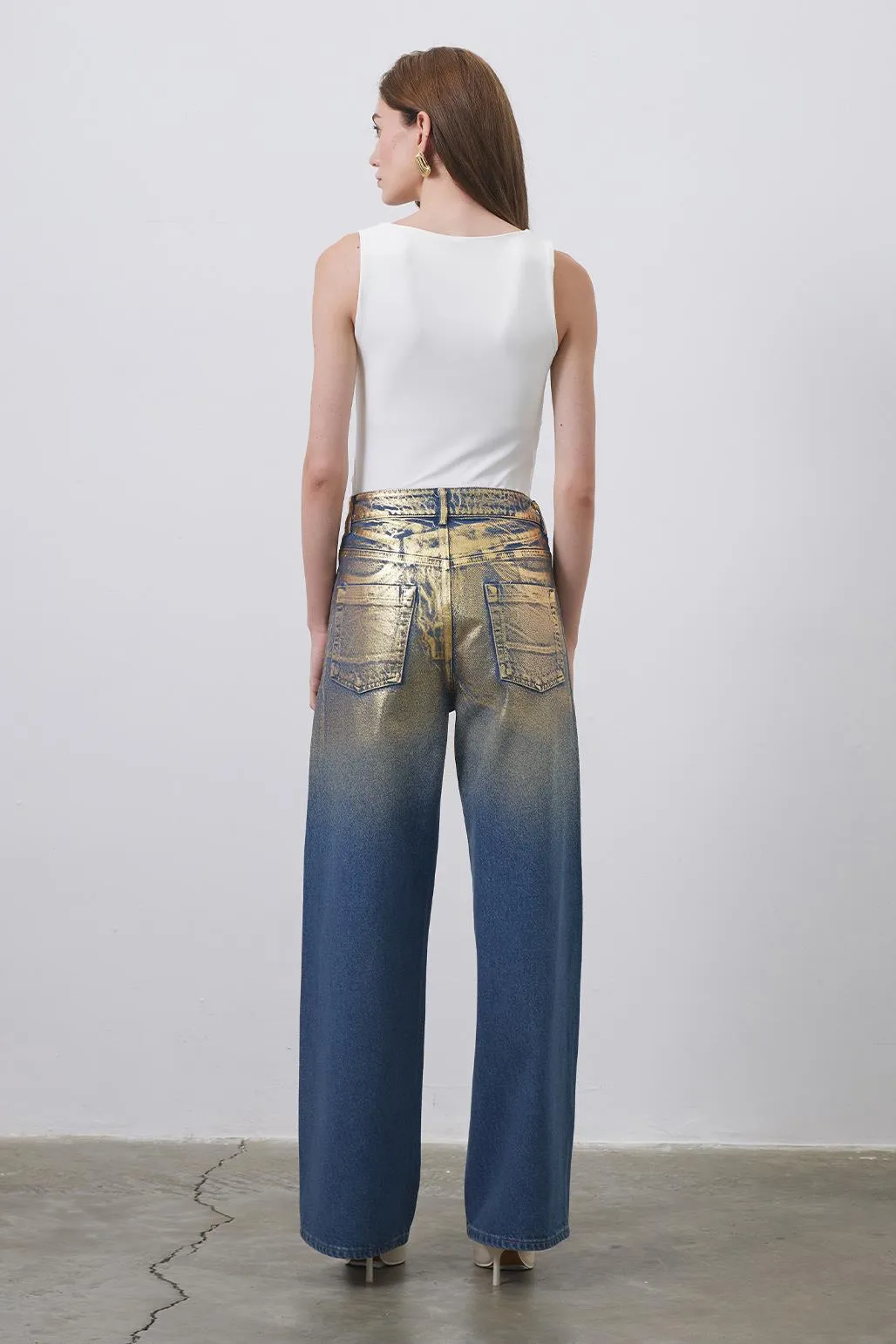 Shiny Print Patterned Palazzo Denim Trousers Gold