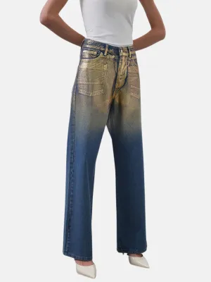 Shiny Print Patterned Palazzo Denim Trousers Gold