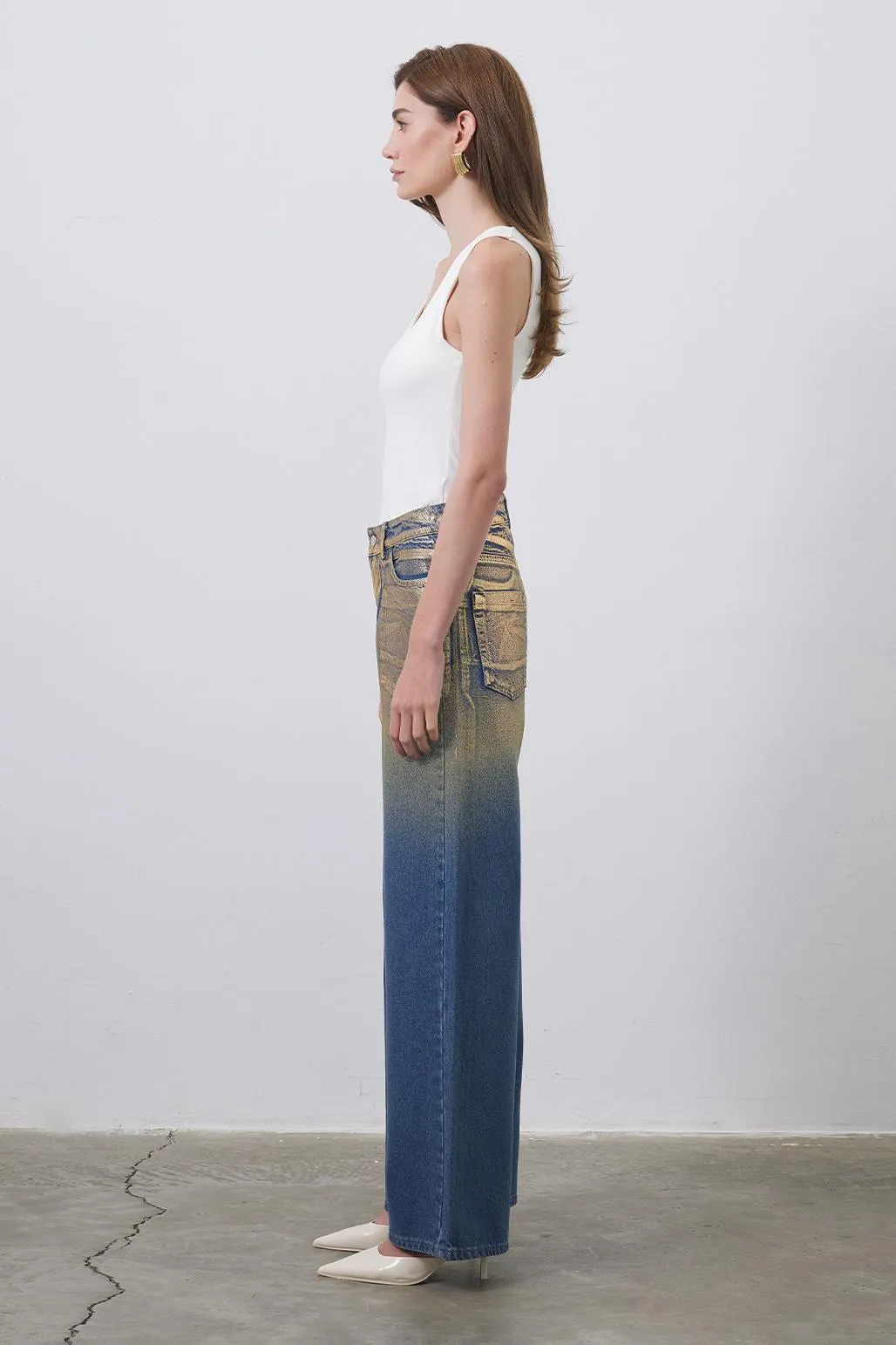 Shiny Print Patterned Palazzo Denim Trousers Gold