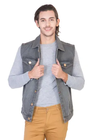 Sleeveless Tinted Grey Men's Denim Jacket with Brass Button