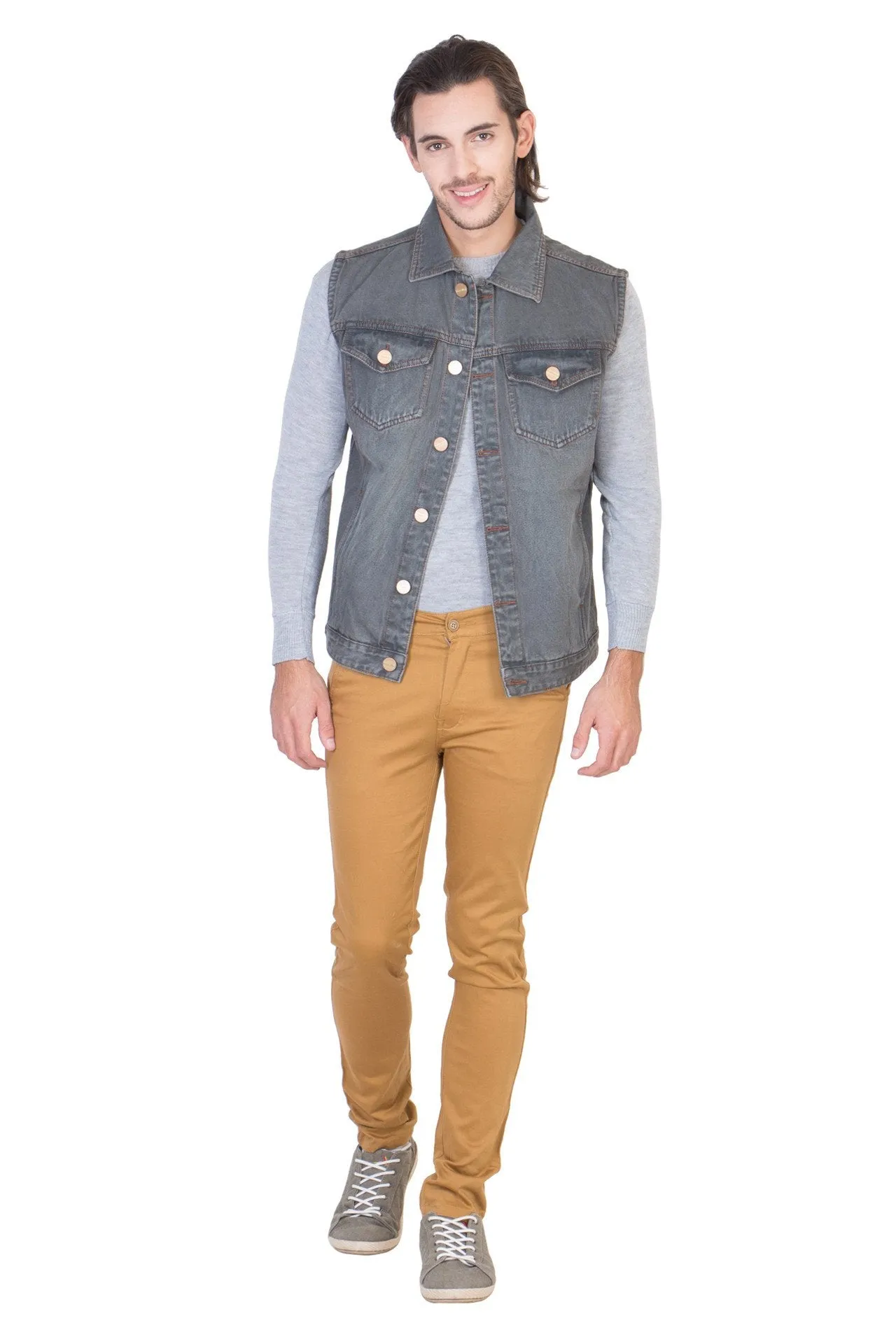 Sleeveless Tinted Grey Men's Denim Jacket with Brass Button