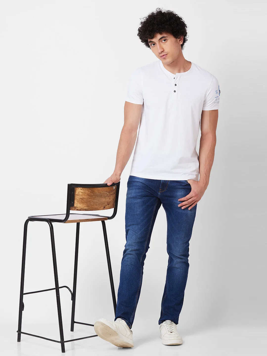 Spykar HENLEY NECK HALF SLEEVES White T-shirt  For Men