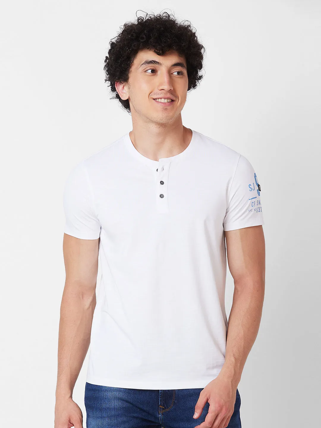 Spykar HENLEY NECK HALF SLEEVES White T-shirt  For Men