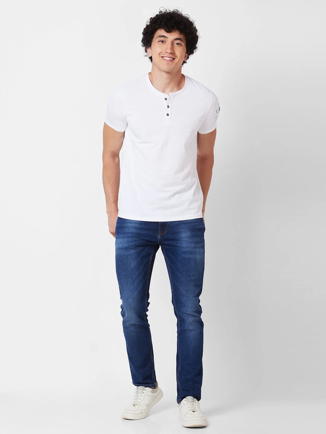 Spykar HENLEY NECK HALF SLEEVES White T-shirt  For Men