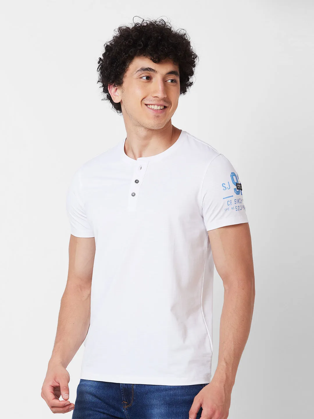 Spykar HENLEY NECK HALF SLEEVES White T-shirt  For Men