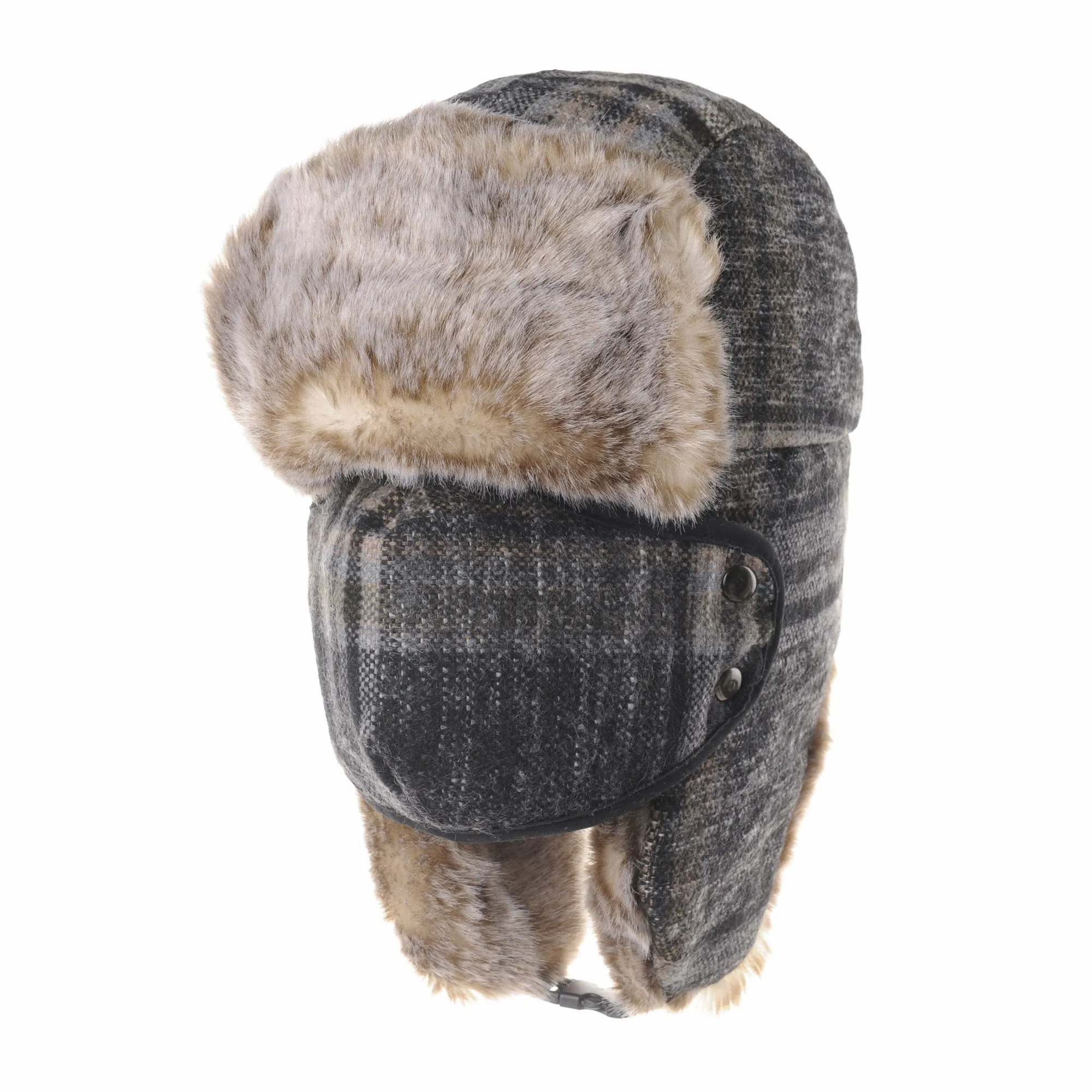 Tartan Check Ear Flap Cap Winter Hat Trooper Faux Fur SL7524