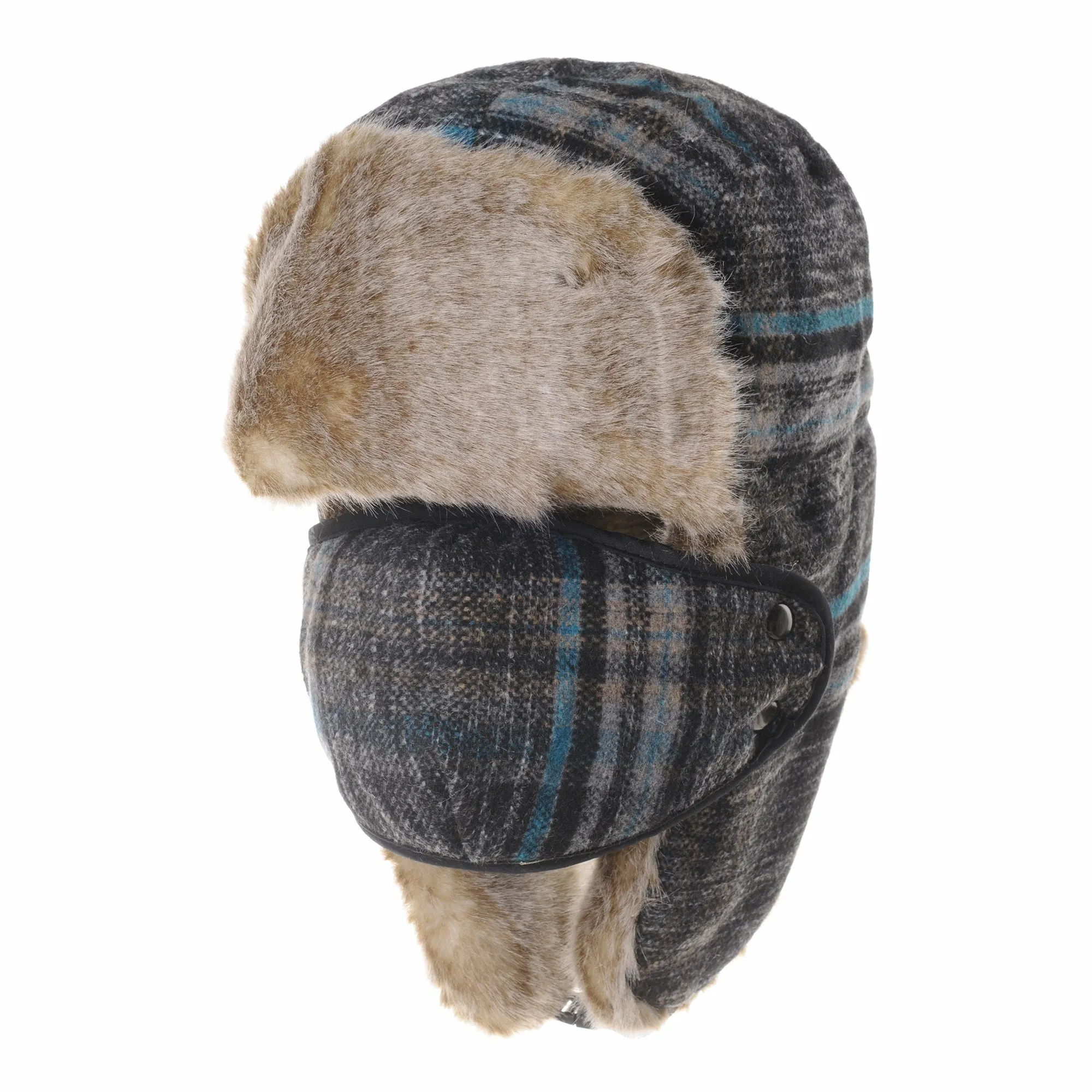 Tartan Check Ear Flap Cap Winter Hat Trooper Faux Fur SL7524