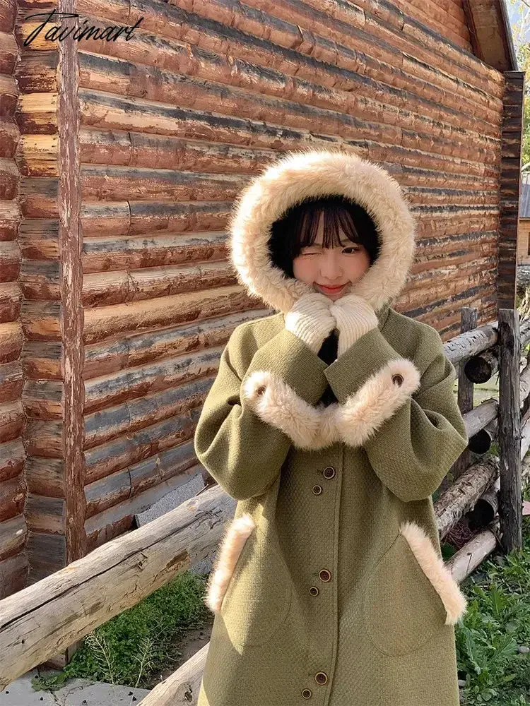 TAVIMART -  Women Sweet Green Faux Fur Patchwork Wool Coats Japanese Cute Hooded Single Breasted Blends Famale Pocket Fashion Warm Blends